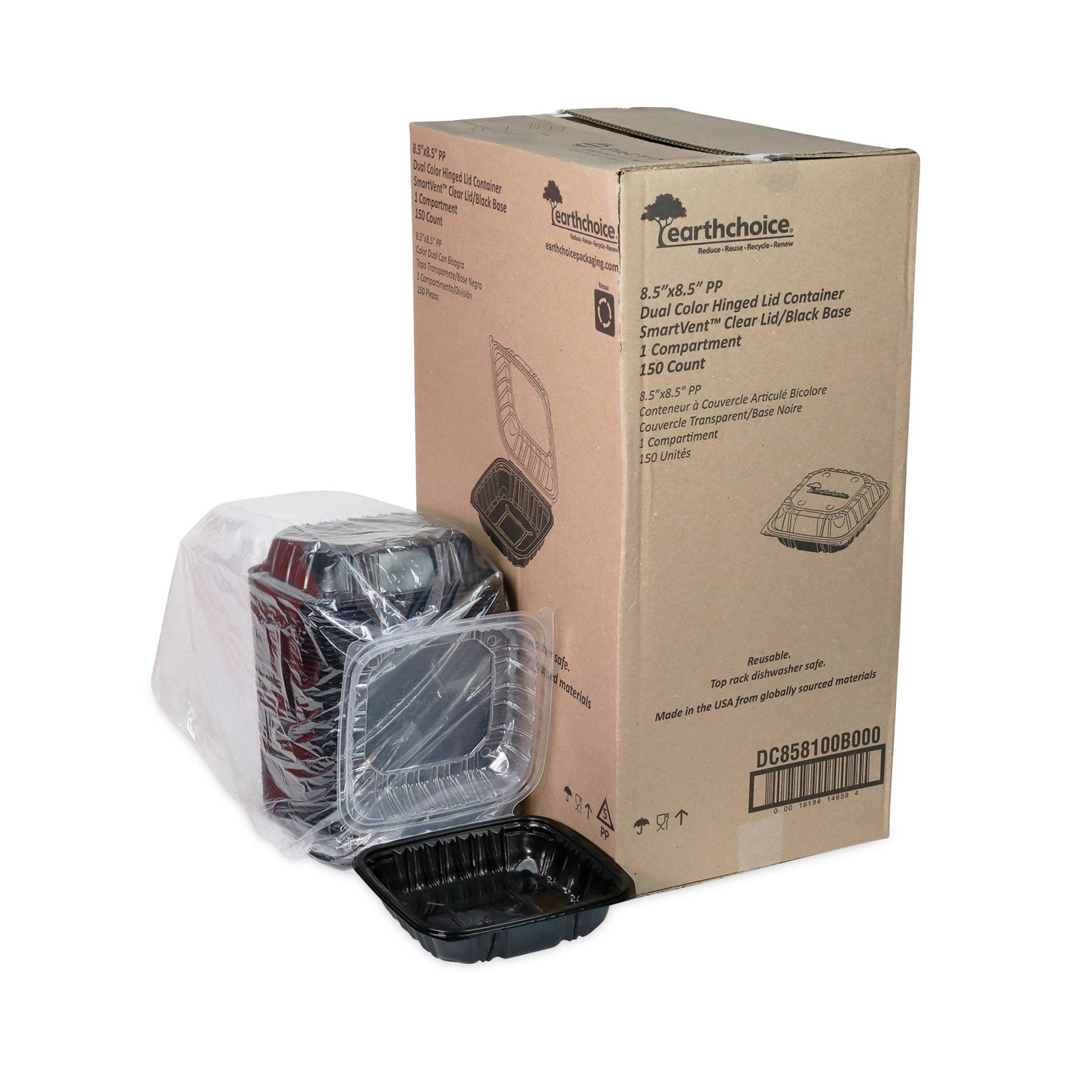 EarthChoice Vented Dual Color Microwavable Hinged Lid Container, 38 oz, 8.5 x 8.5 x 3, Black/Clear, Plastic, 150/Carton