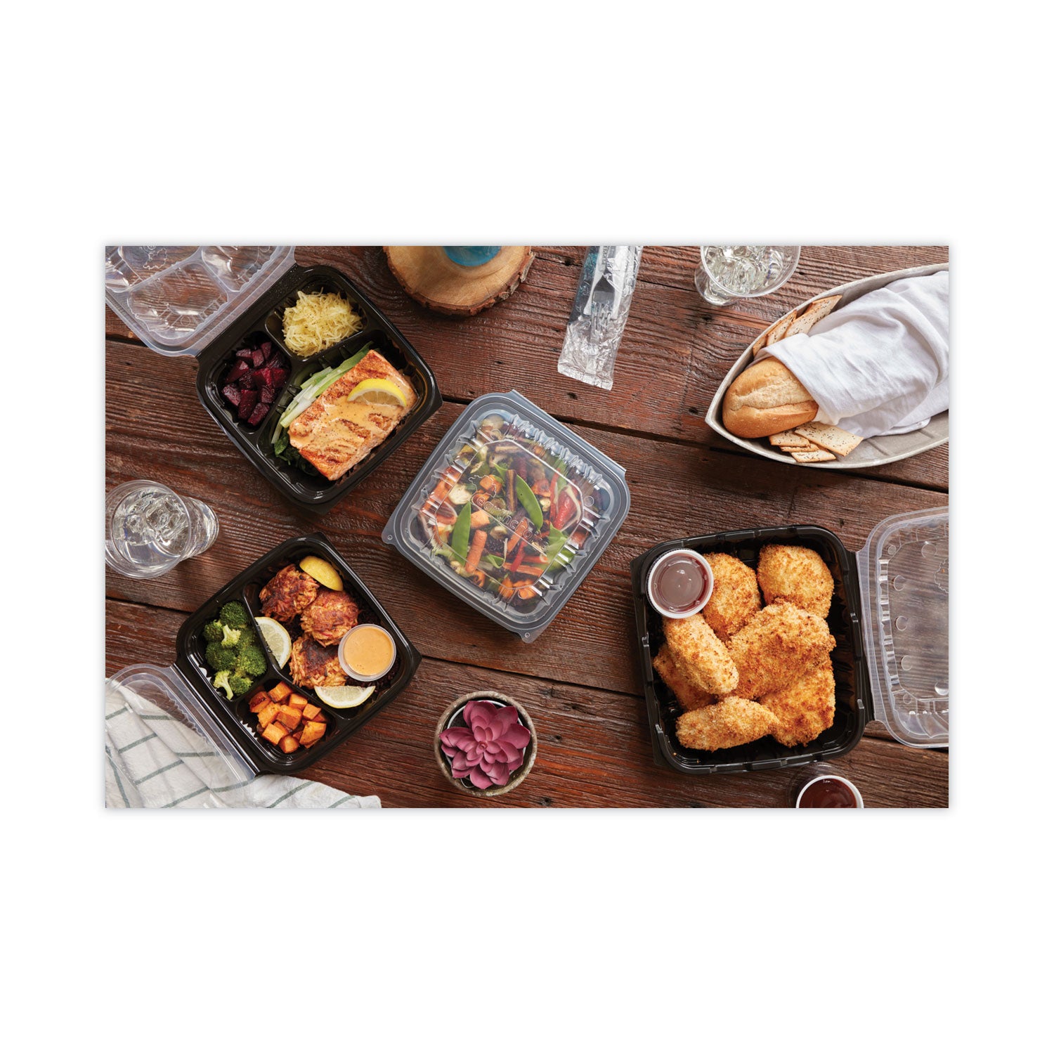 EarthChoice Vented Dual Color Microwavable Hinged Lid Container, 3 Compartments, 21 oz, Black/Clear, Plastic, 150/Carton