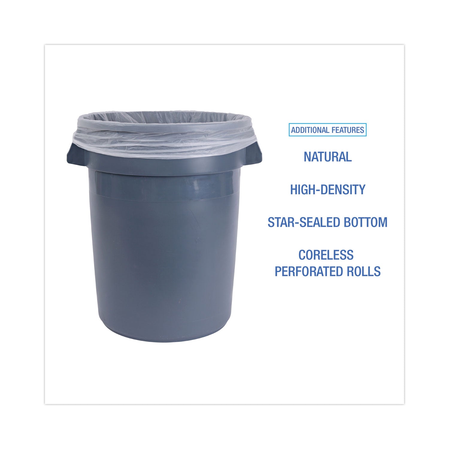 High-Density Can Liners, 33 gal, 14 mic, 33" x 38", Natural, Perforated Roll, 25 Bags/Roll, 10 Rolls/Carton