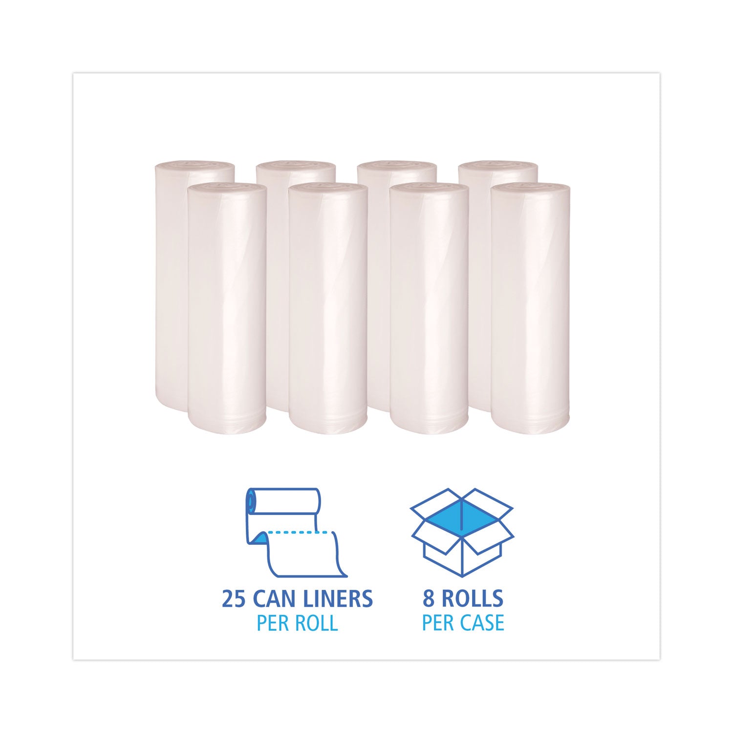 High-Density Can Liners, 60 gal, 14 mic, 38" x 58", Natural, Perforated Roll, 25 Bags/Roll, 8 Rolls/Carton