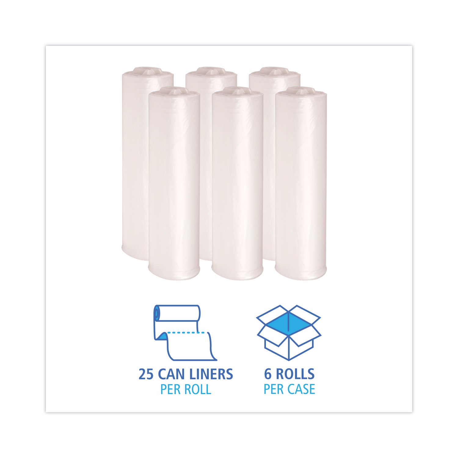 High-Density Can Liners, 45 gal, 19 mic, 40" x 46", Natural, Perforated Roll, 25 Bags/Roll, 6 Rolls/Carton