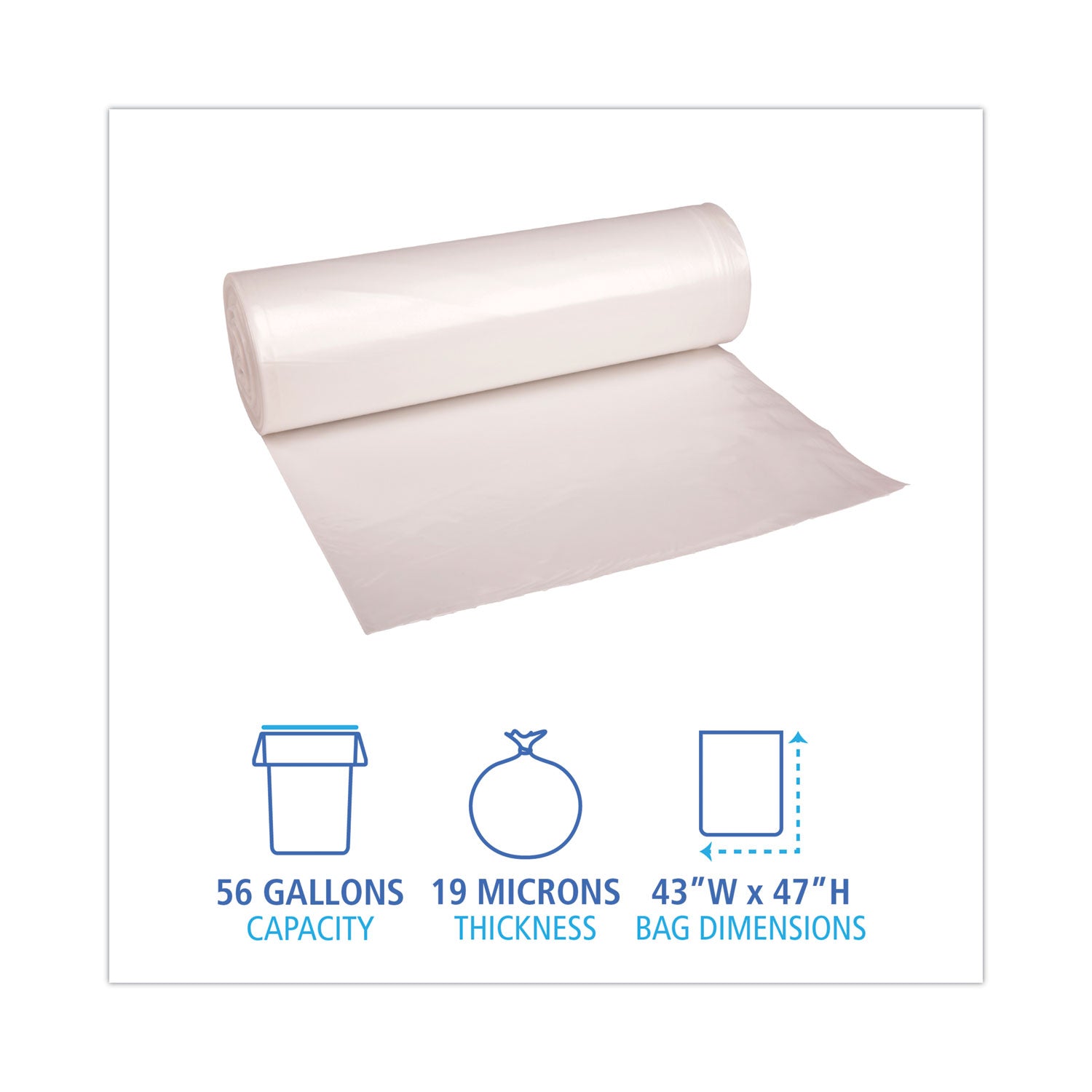 High-Density Can Liners, 56 gal, 19 mic, 43" x 47", Natural, Perforated Roll, 25 Bags/Roll, 6 Rolls/Carton