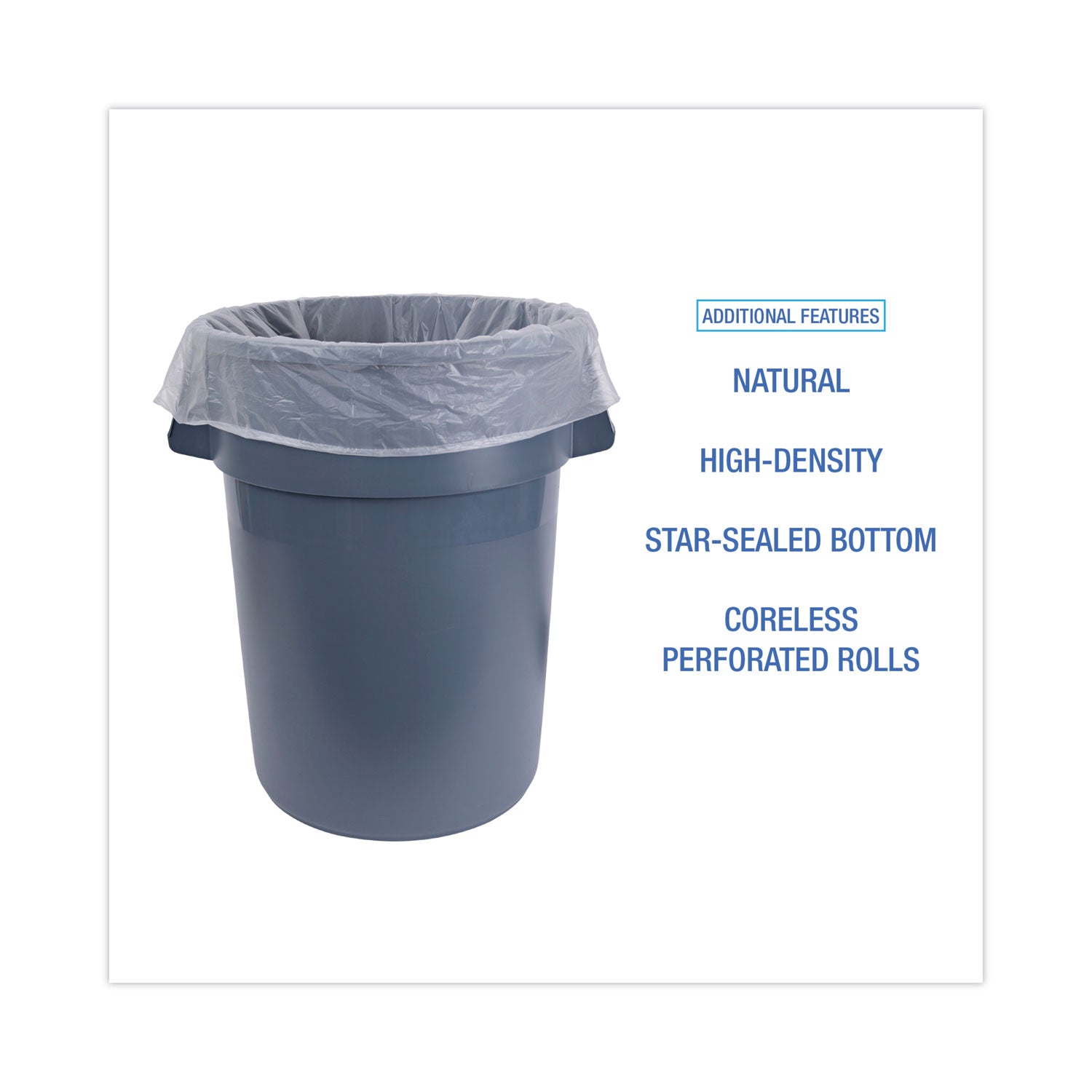 High-Density Can Liners, 56 gal, 19 mic, 43" x 47", Natural, Perforated Roll, 25 Bags/Roll, 6 Rolls/Carton