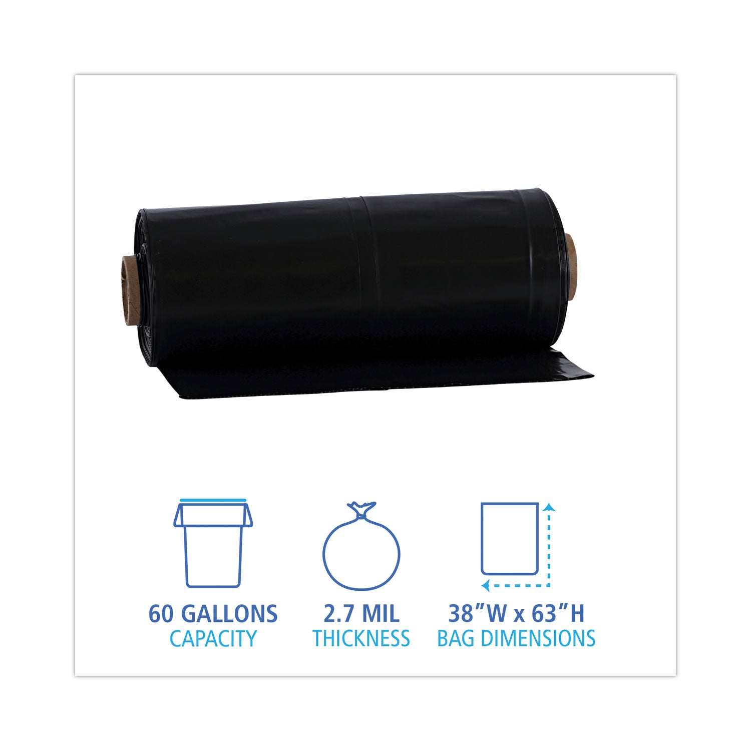 Industrial Drum Liners Rolls, 60 gal, 2.7 mil, 38" x 63", Black, 50/Carton