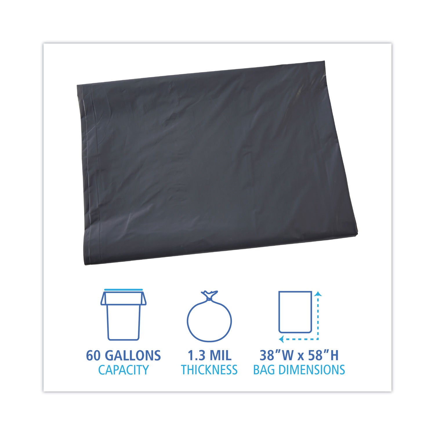 Linear Low Density Industrial Can Liners, 60 gal, 1.3 mil, 38" x 58", Gray, Flat Pack, 100/Carton