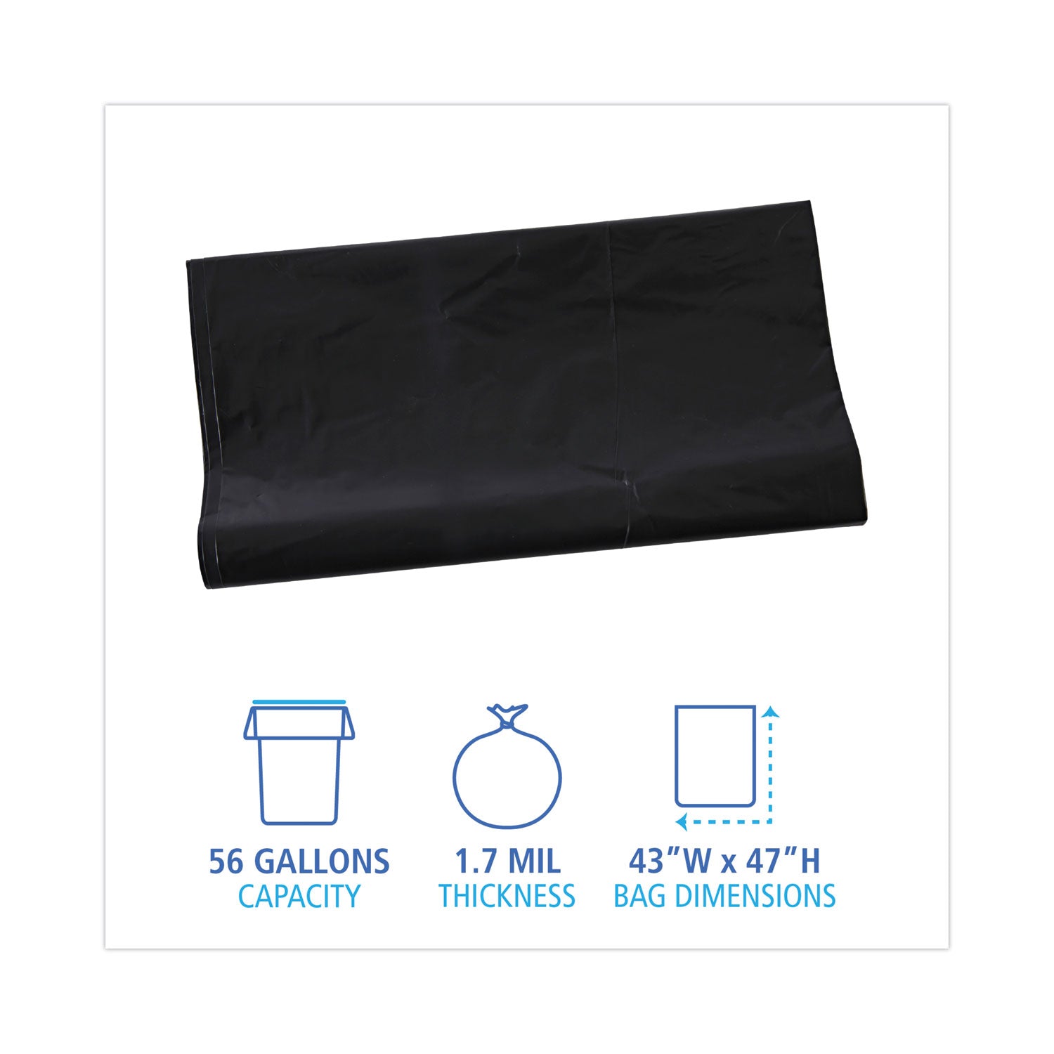 Linear Low Density Industrial Can Liners, 56 gal, 1.7 mil, 43" x 47", Black, Flat Pack, 100/Carton