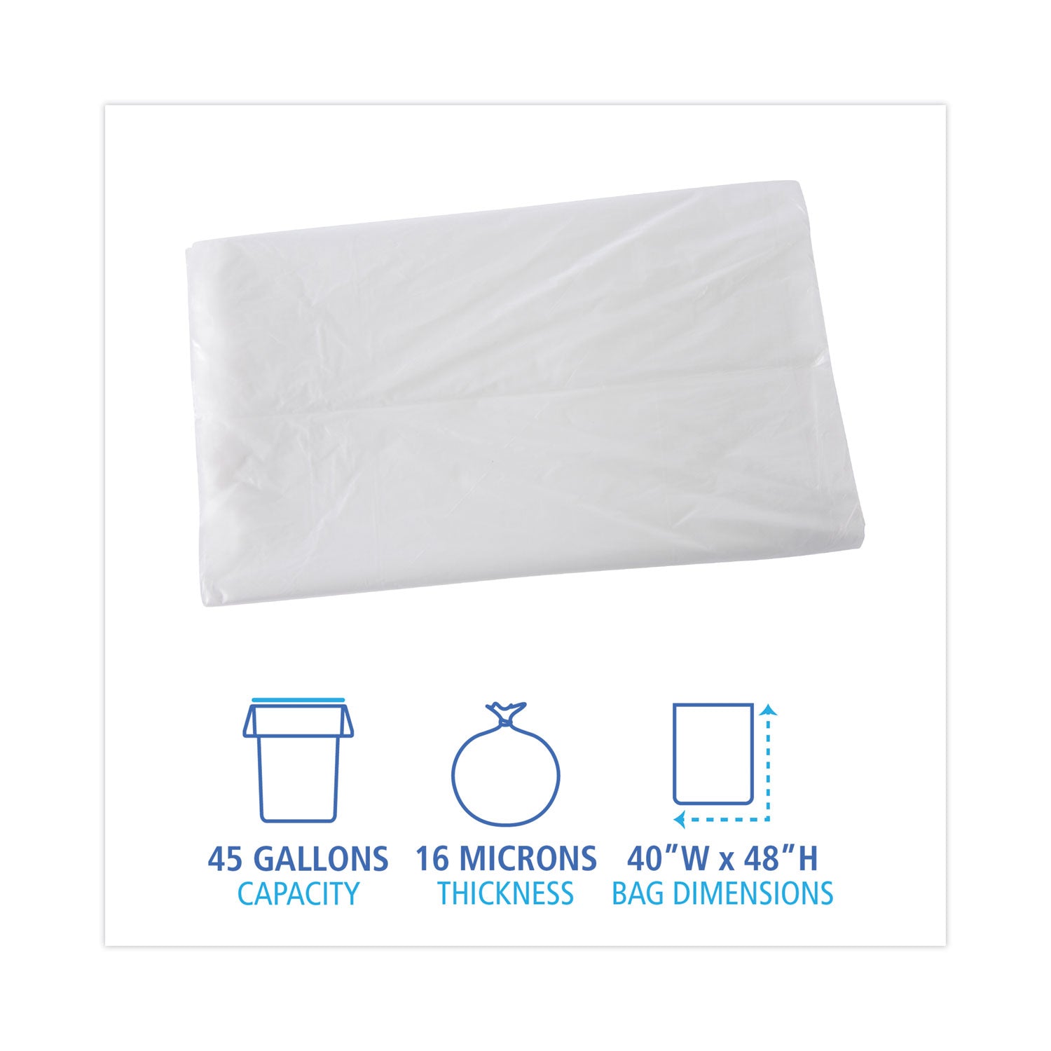 High Density Industrial Can Liners Flat Pack, 45 gal, 16 mic, 40" x 48", Natural, Flat Pack, 200/Carton