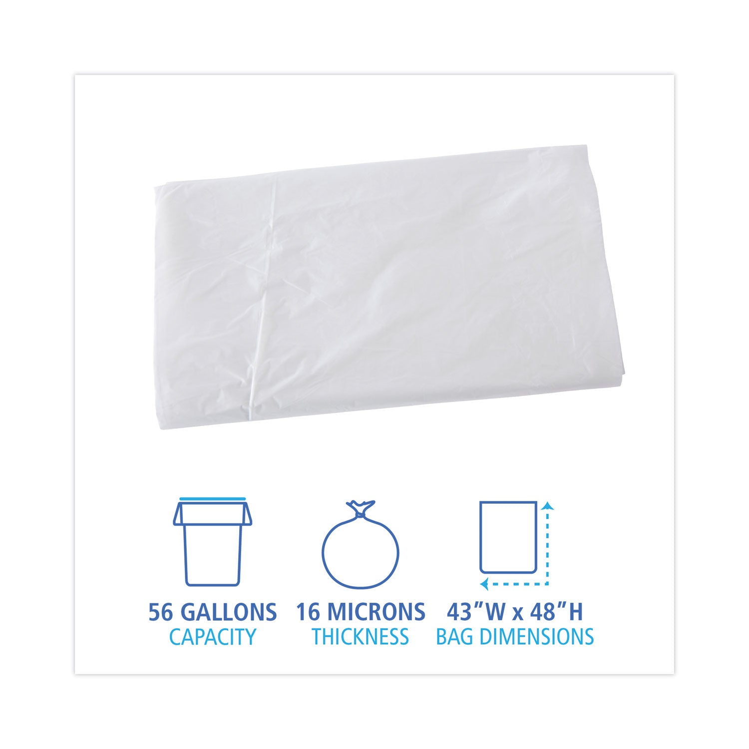 High Density Industrial Can Liners Flat Pack, 56 gal, 16 mic, 43" x 48", Natural, Flat Pack, 200/Carton