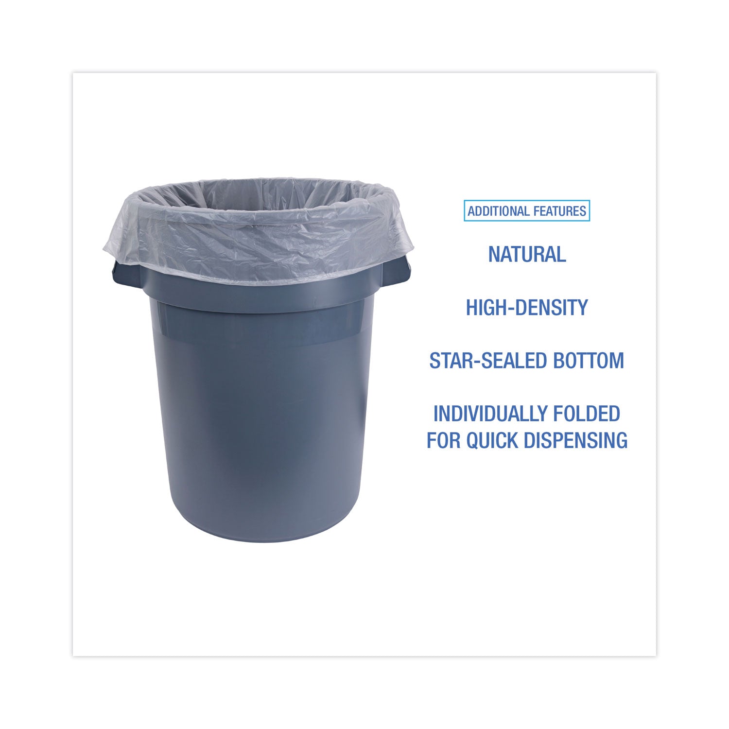 High Density Industrial Can Liners Flat Pack, 56 gal, 16 mic, 43" x 48", Natural, Flat Pack, 200/Carton