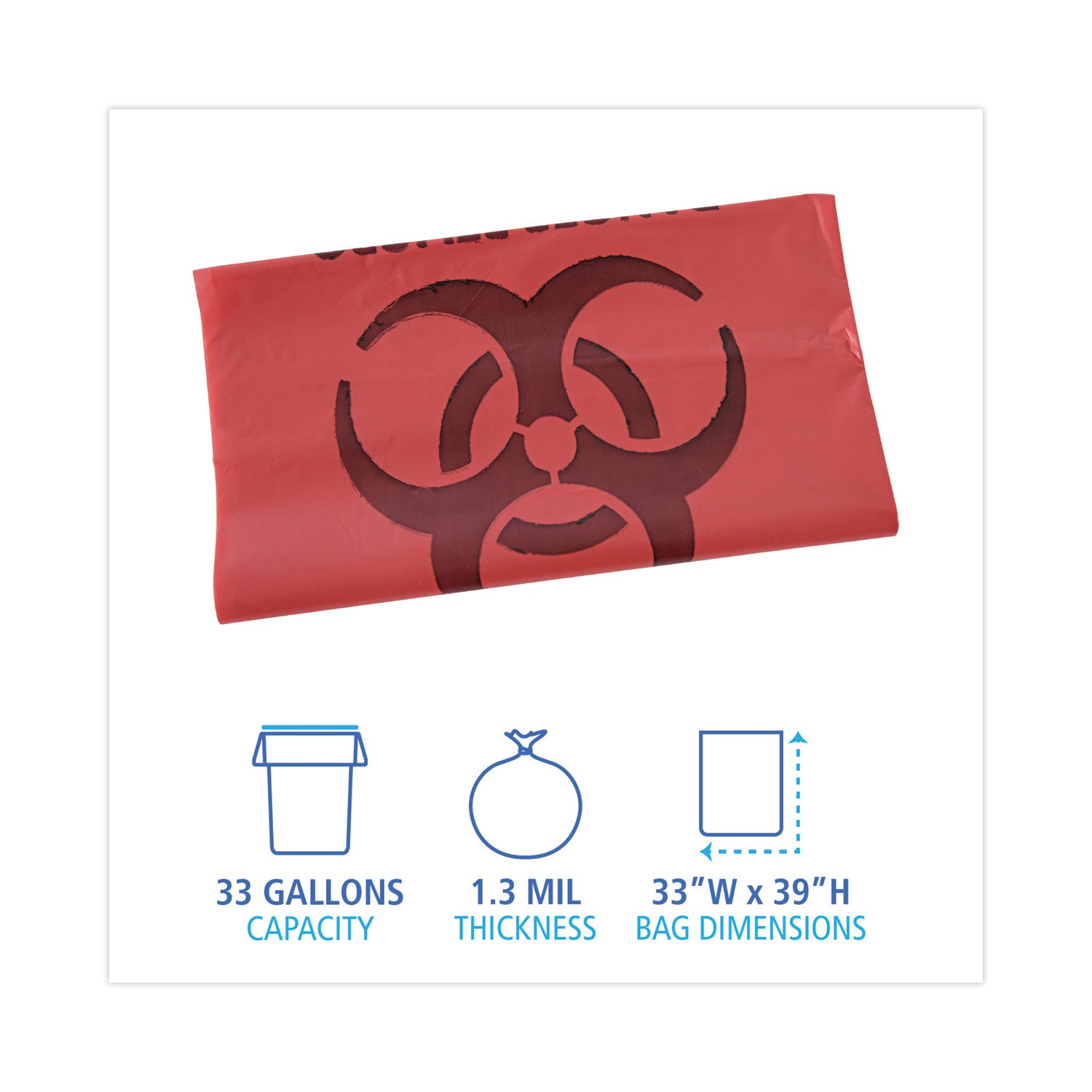 Linear Low Density Health Care Trash Can Liners, 33 gal, 1.3 mil, 33" x 39", Red, Flat Pack, 150/Carton