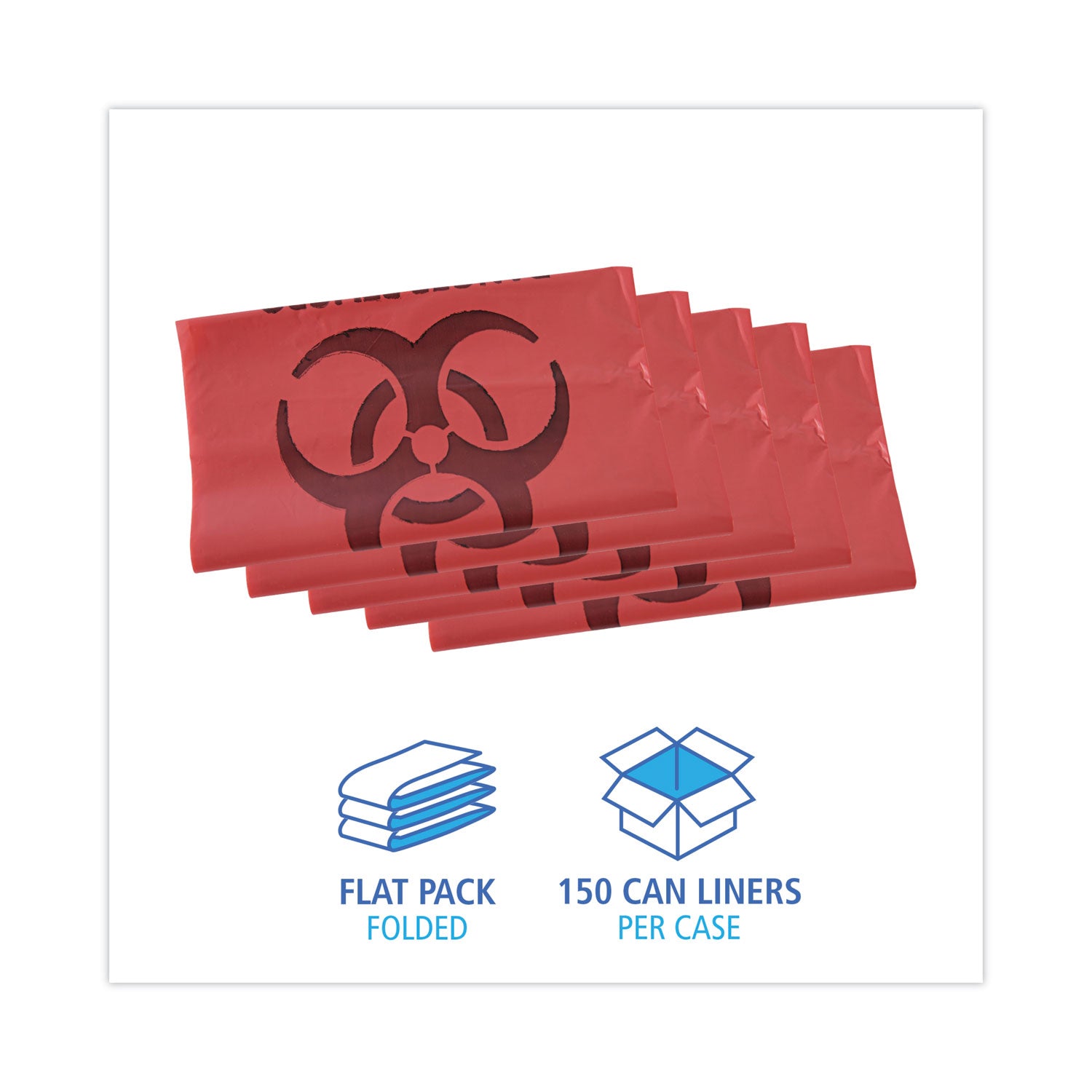 Linear Low Density Health Care Trash Can Liners, 33 gal, 1.3 mil, 33" x 39", Red, Flat Pack, 150/Carton
