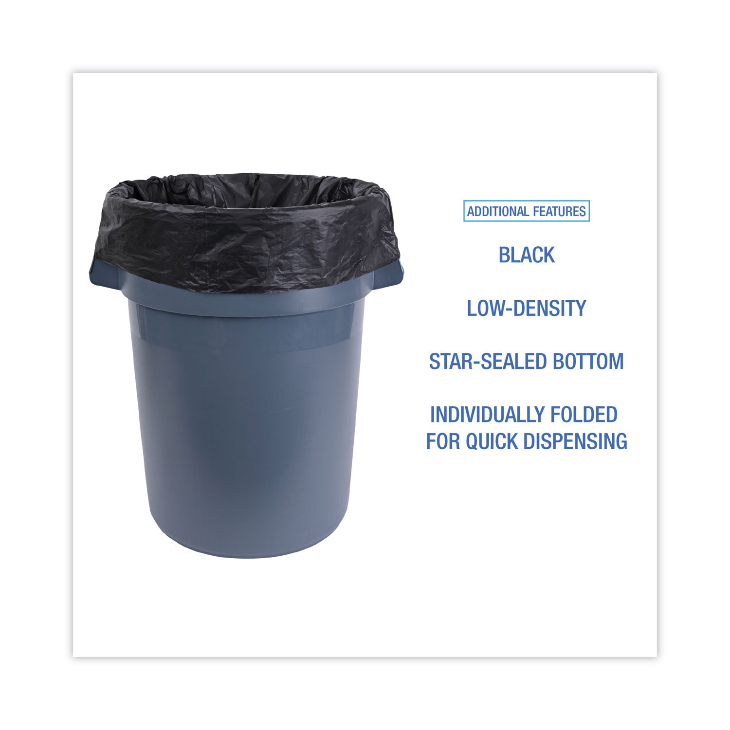 Linear Low Density Industrial Can Liners, 30 gal, 0.65 mil, 30" x 36", Black, Flat Pack, 200/Carton