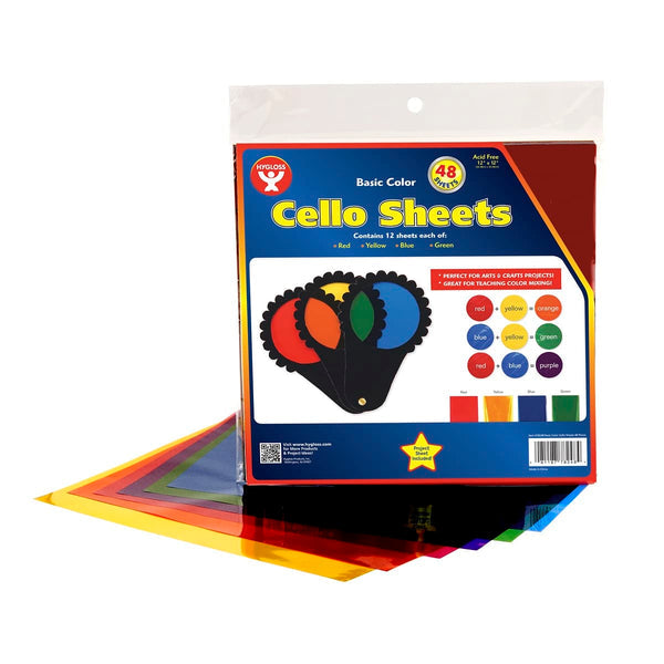 Cello Sheets - 48 shts, 12"x12" 12 shts ea of Red, Yellow, Blue and Green