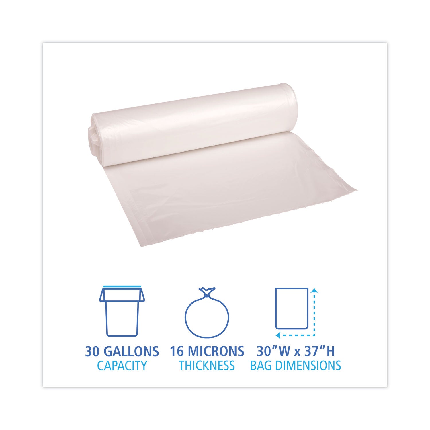 High Density Industrial Can Liners Coreless Rolls, 30 gal, 16 mic, 30" x 37", Natural, Perforated, 25 Bags/Roll, 20 Rolls/CT