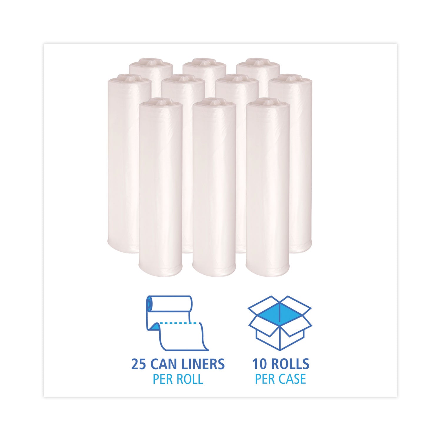 High Density Industrial Can Liners Coreless Rolls, 33 gal, 16 mic, 33" x 40", Natural, Perforated, 25 Bags/Roll, 10 Rolls/CT