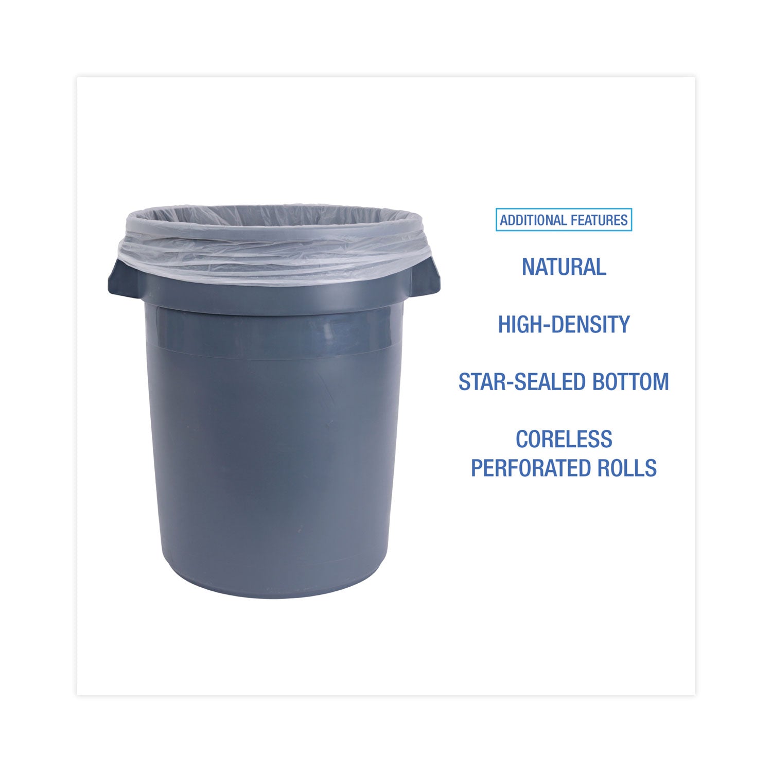 High Density Industrial Can Liners Coreless Rolls, 33 gal, 16 mic, 33" x 40", Natural, Perforated, 25 Bags/Roll, 10 Rolls/CT