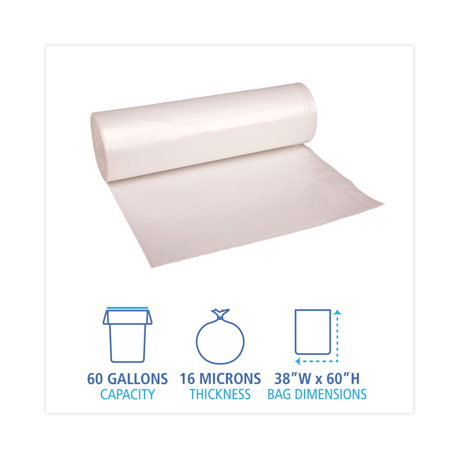 High Density Industrial Can Liners Coreless Rolls, 60 gal, 16 mic, 38" x 60", Natural, Perforated, 25 Bags/Roll, 8 Rolls/CT