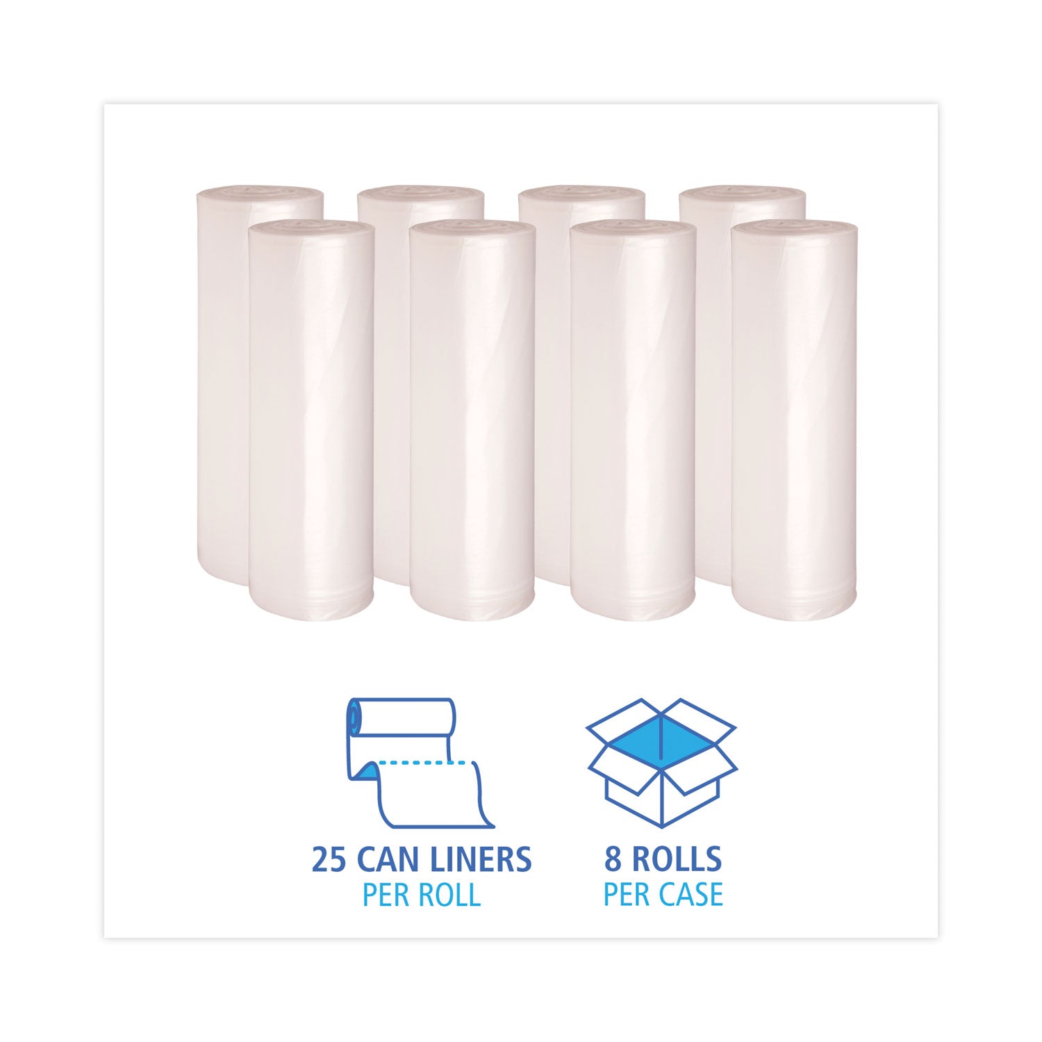 High Density Industrial Can Liners Coreless Rolls, 60 gal, 16 mic, 38" x 60", Natural, Perforated, 25 Bags/Roll, 8 Rolls/CT