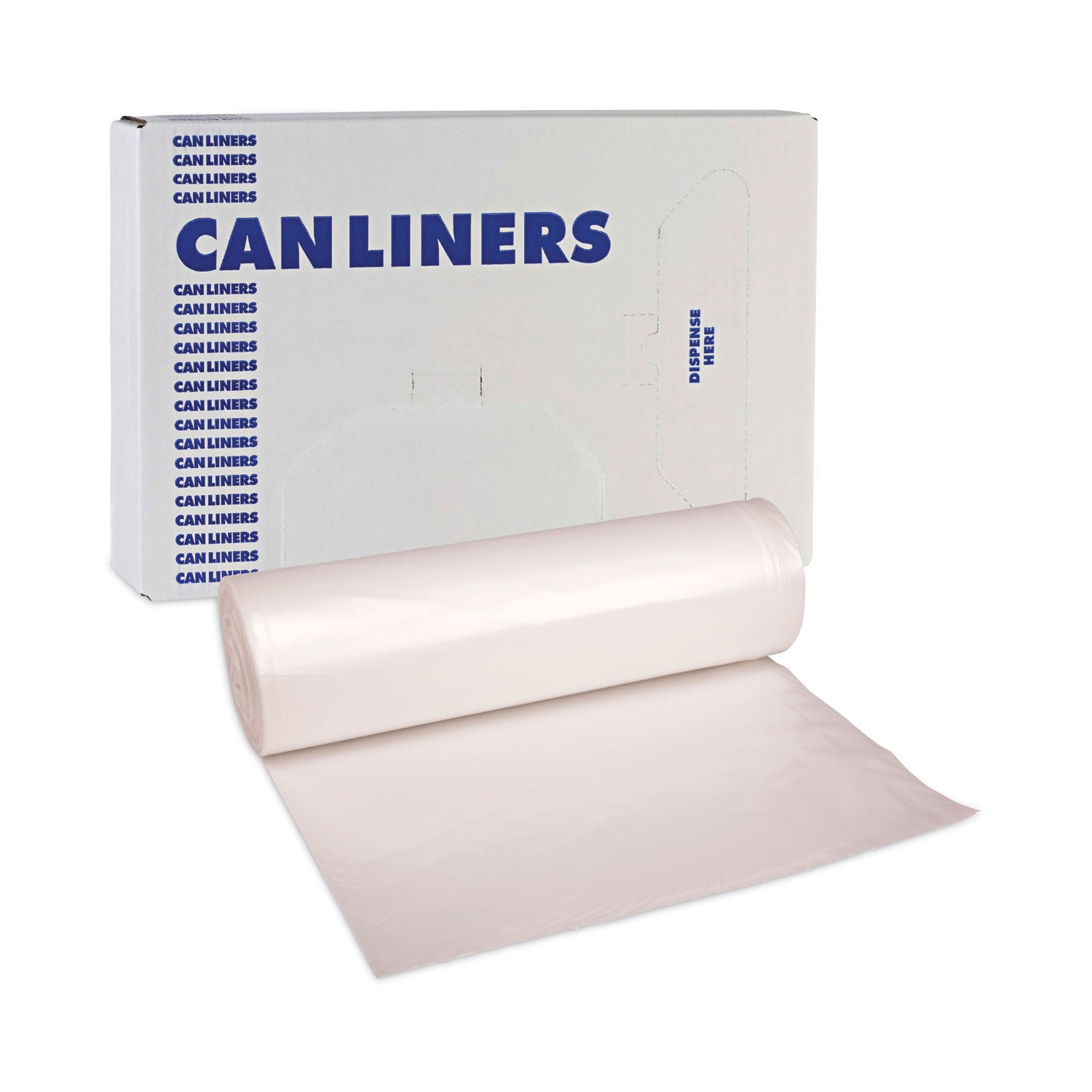 High Density Industrial Can Liners Coreless Rolls, 60 gal, 16 mic, 38" x 60", Natural, Perforated, 25 Bags/Roll, 8 Rolls/CT