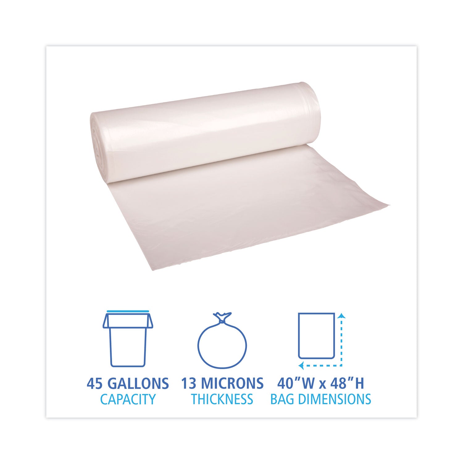 High Density Industrial Can Liners Coreless Rolls, 45 gal, 13 mic, 40" x 48", Natural, Perforated, 25 Bags/Roll, 10 Rolls/CT