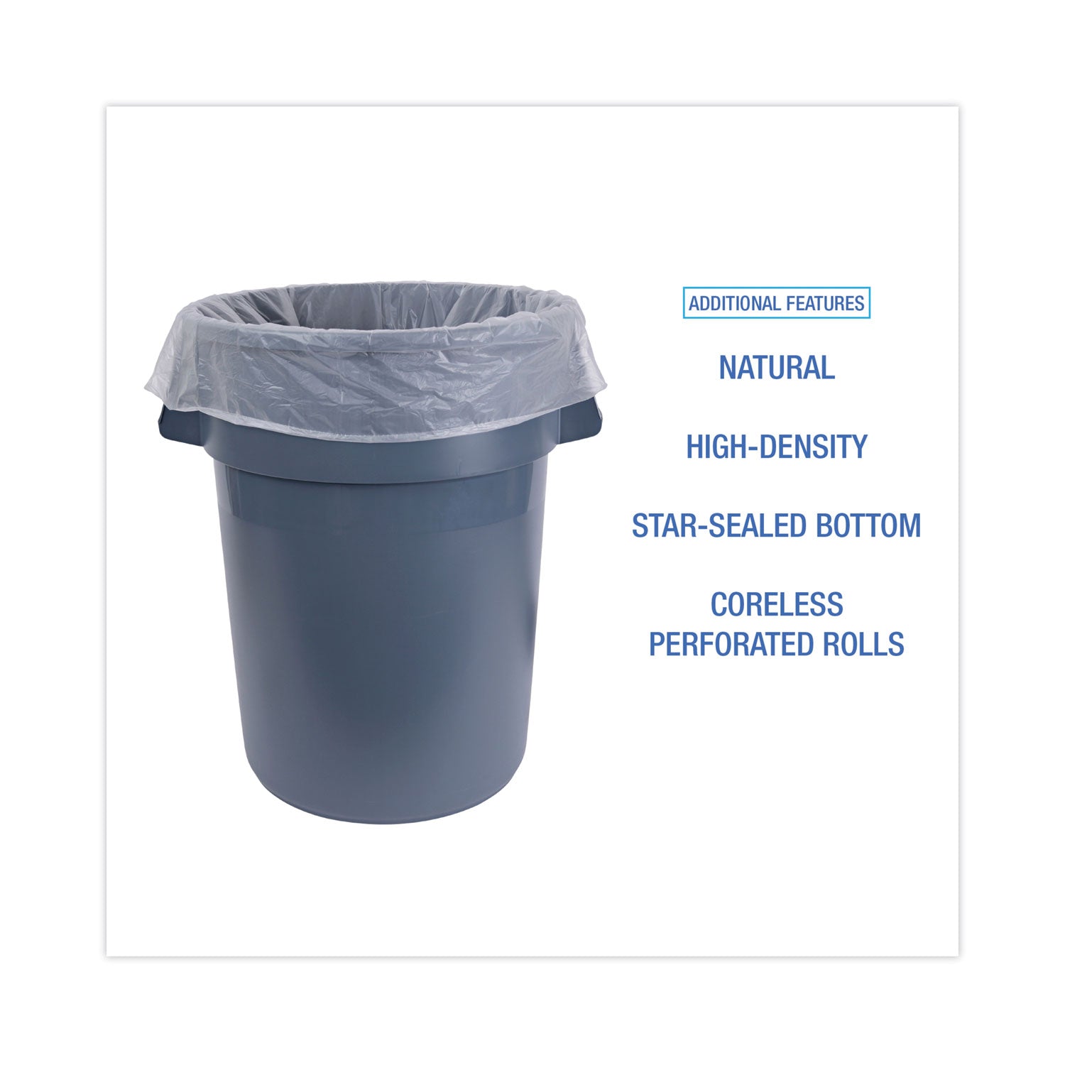 High Density Industrial Can Liners Coreless Rolls, 45 gal, 13 mic, 40" x 48", Natural, Perforated, 25 Bags/Roll, 10 Rolls/CT