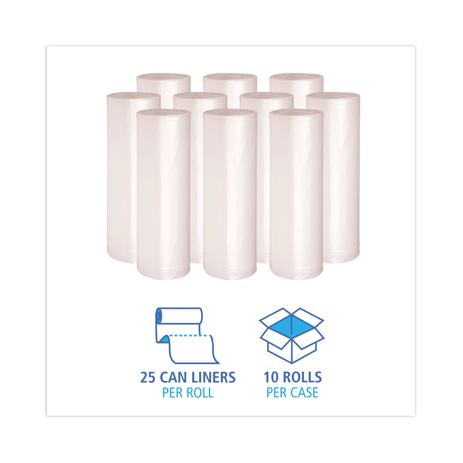 High Density Industrial Can Liners Coreless Rolls, 45 gal, 16 mic, 40" x 48", Natural, Perforated, 25 Bags/Roll, 10 Rolls/CT