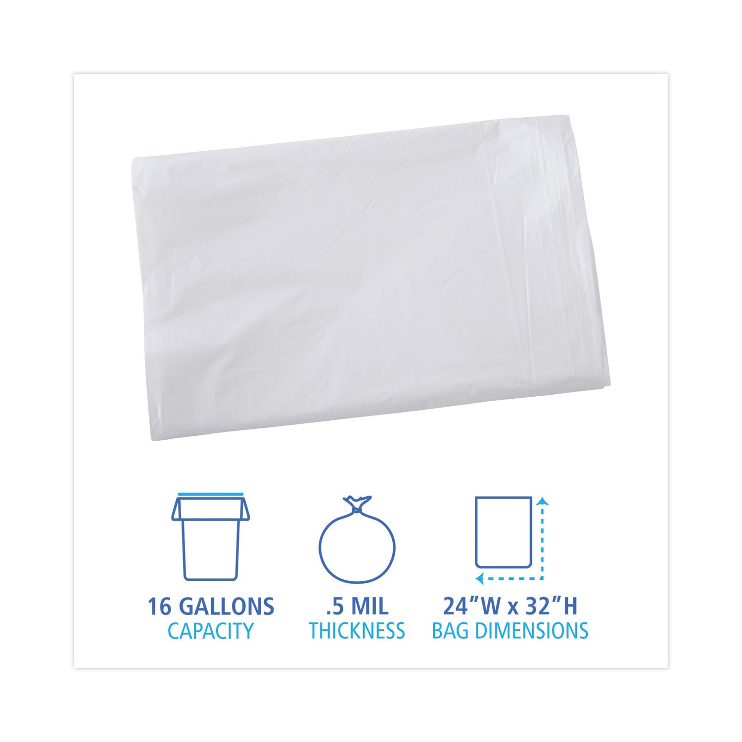 Linear Low Density Industrial Can Liners, 16 gal, 0.5 mil, 24" x 32", White, Flat Pack, 500/Carton