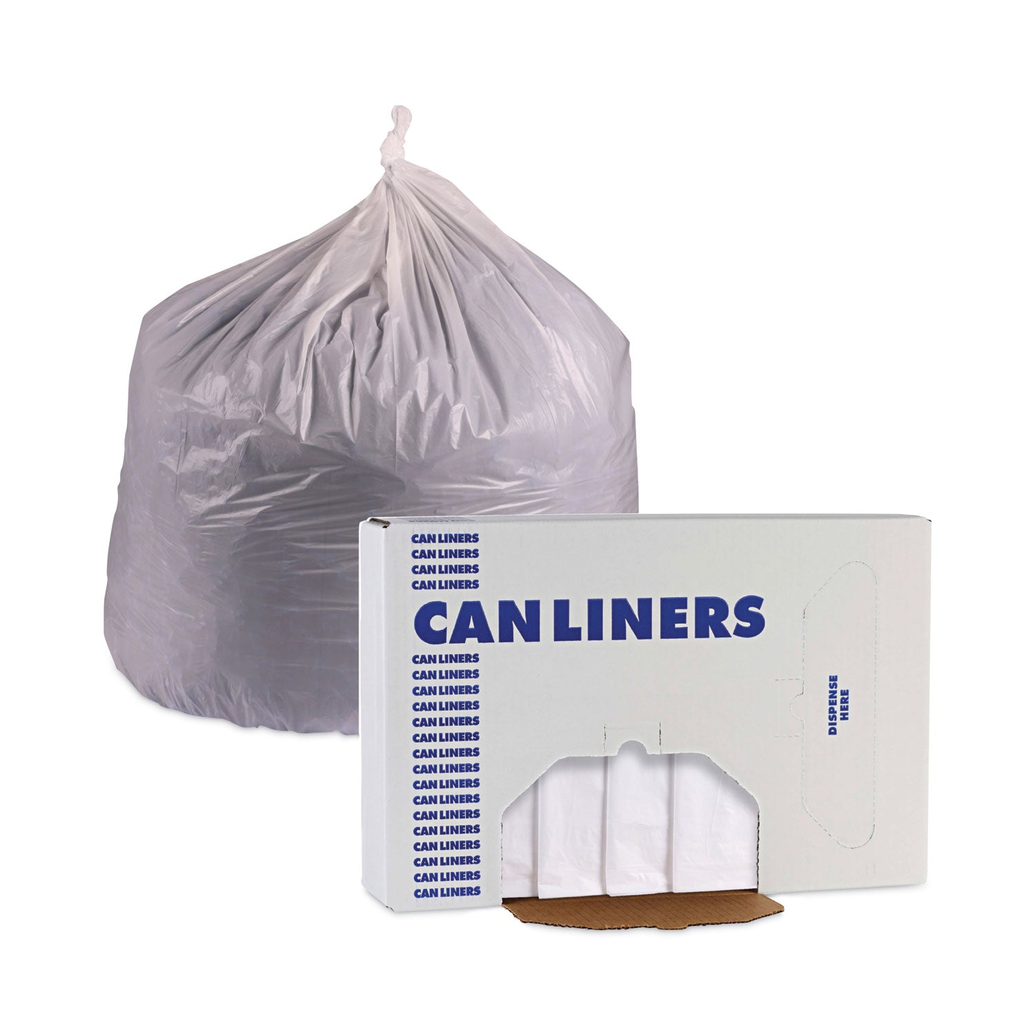 Linear Low Density Industrial Can Liners, 30 gal, 0.9 mil, 30" x 36", White, Flat Pack, 100/Carton