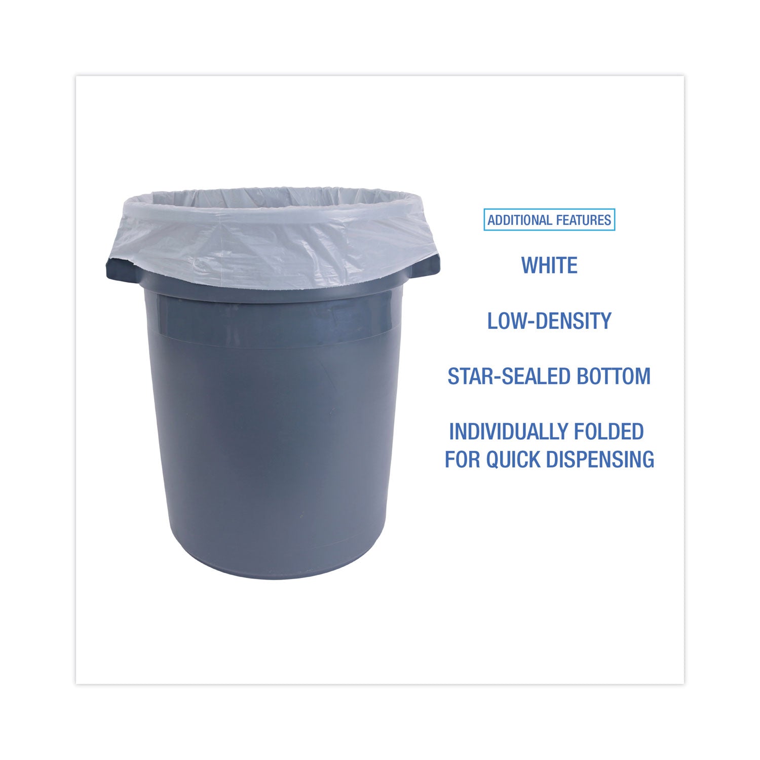 Linear Low Density Industrial Can Liners, 33 gal, 0.9 mil, 33" x 39", White, Flat Pack, 100/Carton