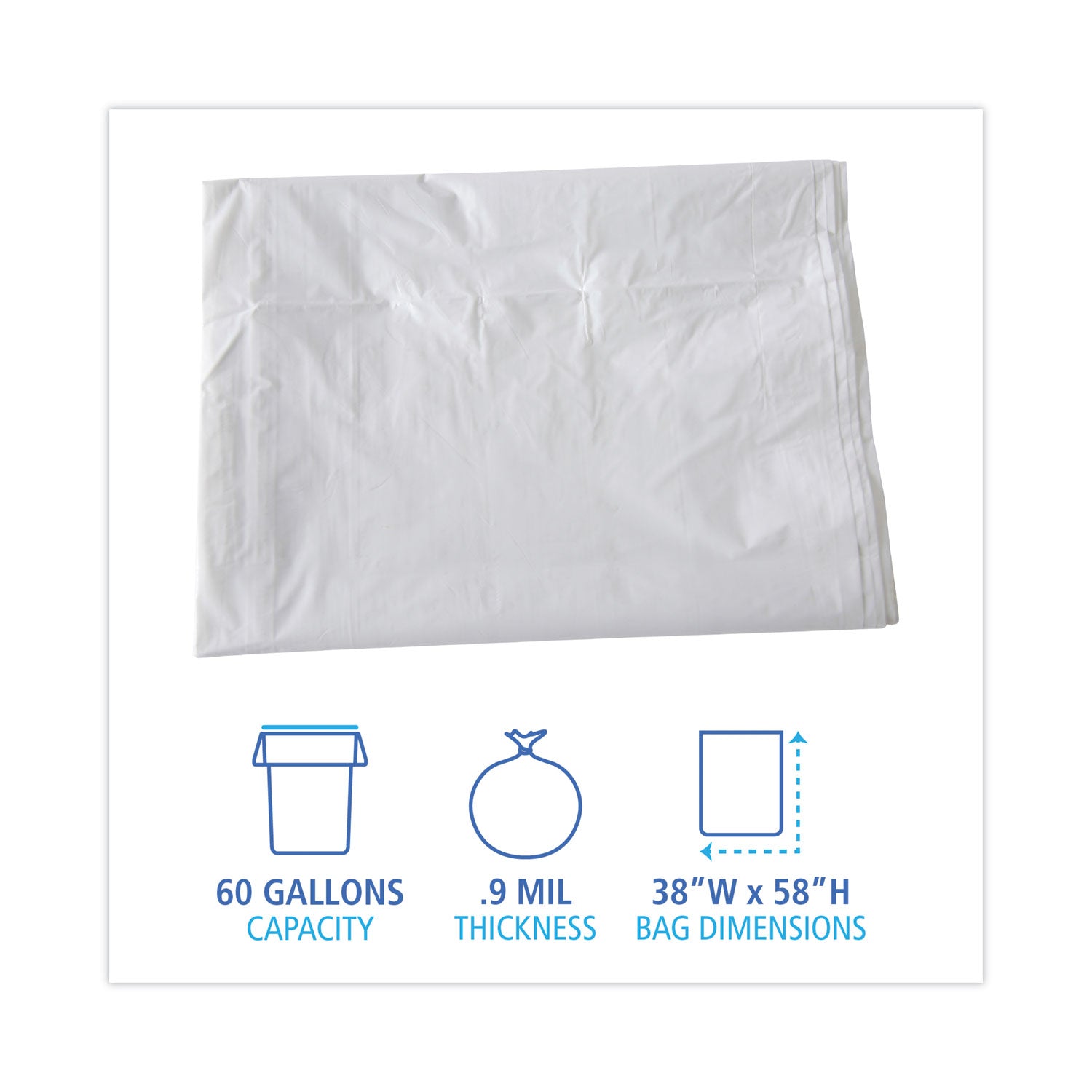 Linear Low Density Industrial Can Liners, 60 gal, 0.9 mil, 38" x 58", White, Flat Pack, 100/Carton