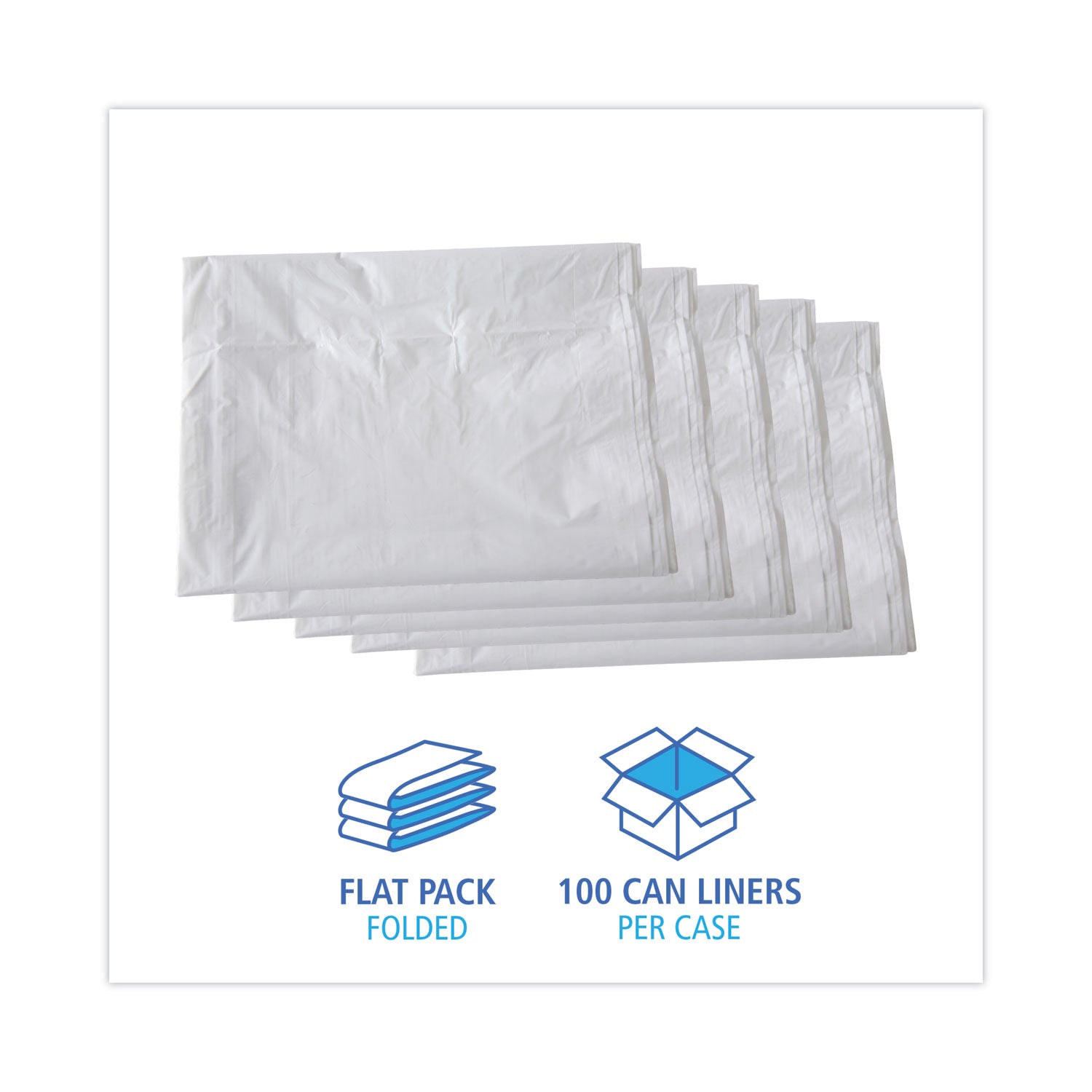 Linear Low Density Industrial Can Liners, 60 gal, 0.9 mil, 38" x 58", White, Flat Pack, 100/Carton