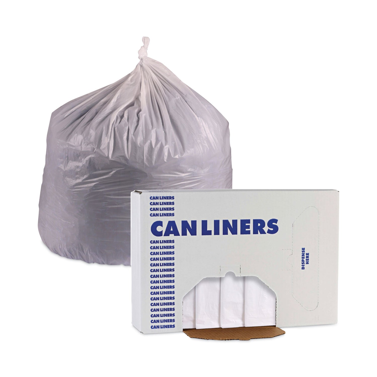 Linear Low Density Industrial Can Liners, 60 gal, 0.9 mil, 38" x 58", White, Flat Pack, 100/Carton