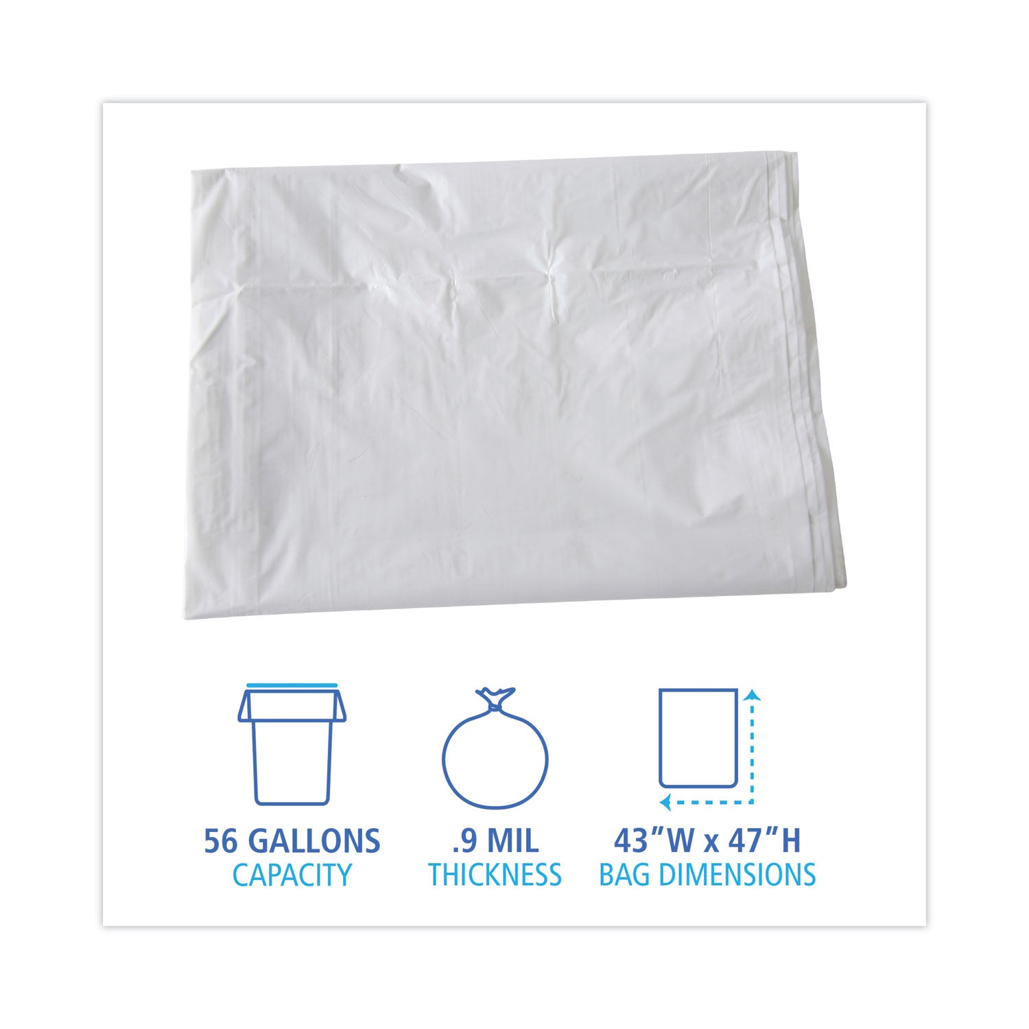 Linear Low Density Industrial Can Liners, 56 gal, 0.9 mil, 43" x 47", White, Flat Pack, 100/Carton