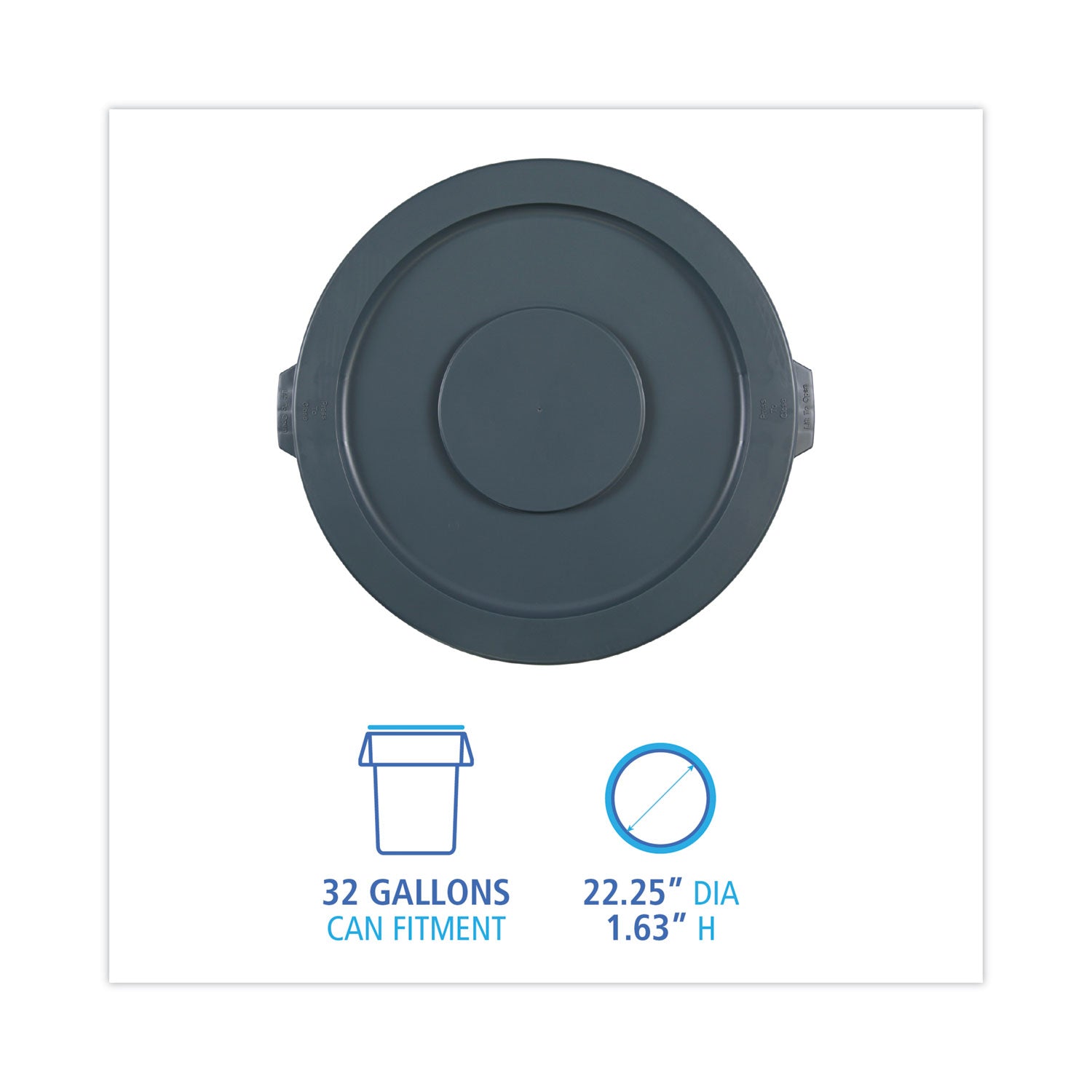 Lids For 32 Gal Waste Receptacle, Flat-Top, Round, Plastic, Gray