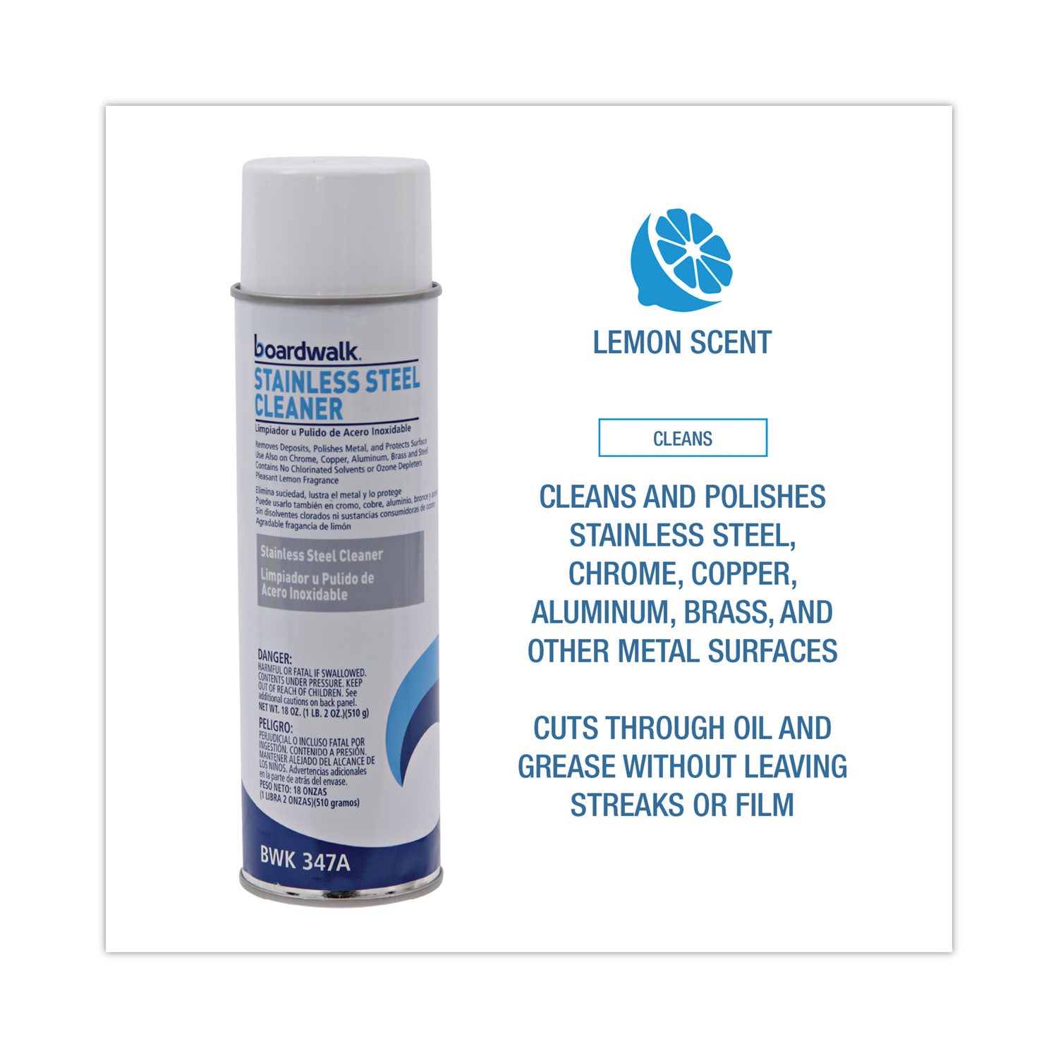 Stainless Steel Cleaner and Polish, Water-in-Oil Based, Lemon Scent, 18 oz Aerosol Spray, 12/Carton