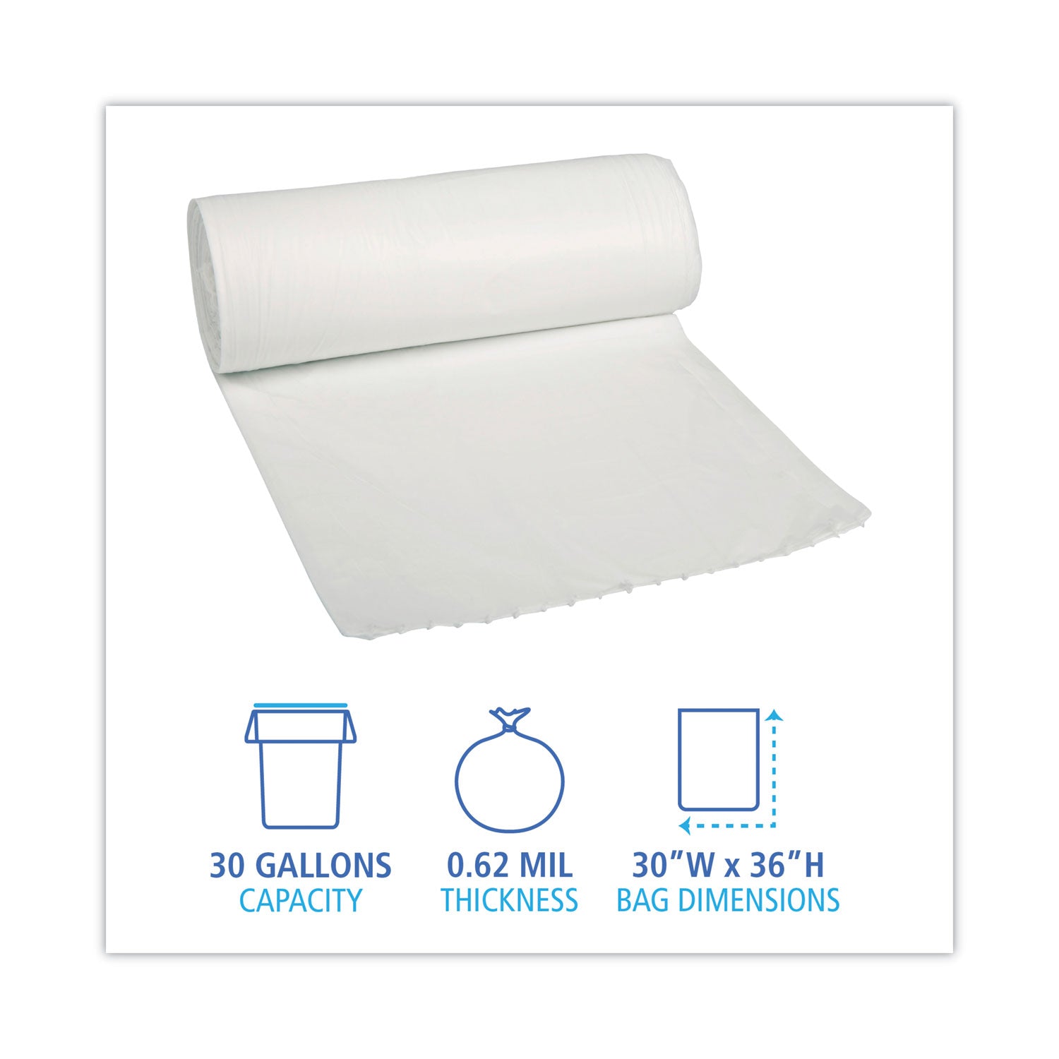 Low-Density Waste Can Liners, 30 gal, 0.5 mil, 30" x 36", White, Perforated Roll, 10 Bags/Roll, 20 Rolls/Carton