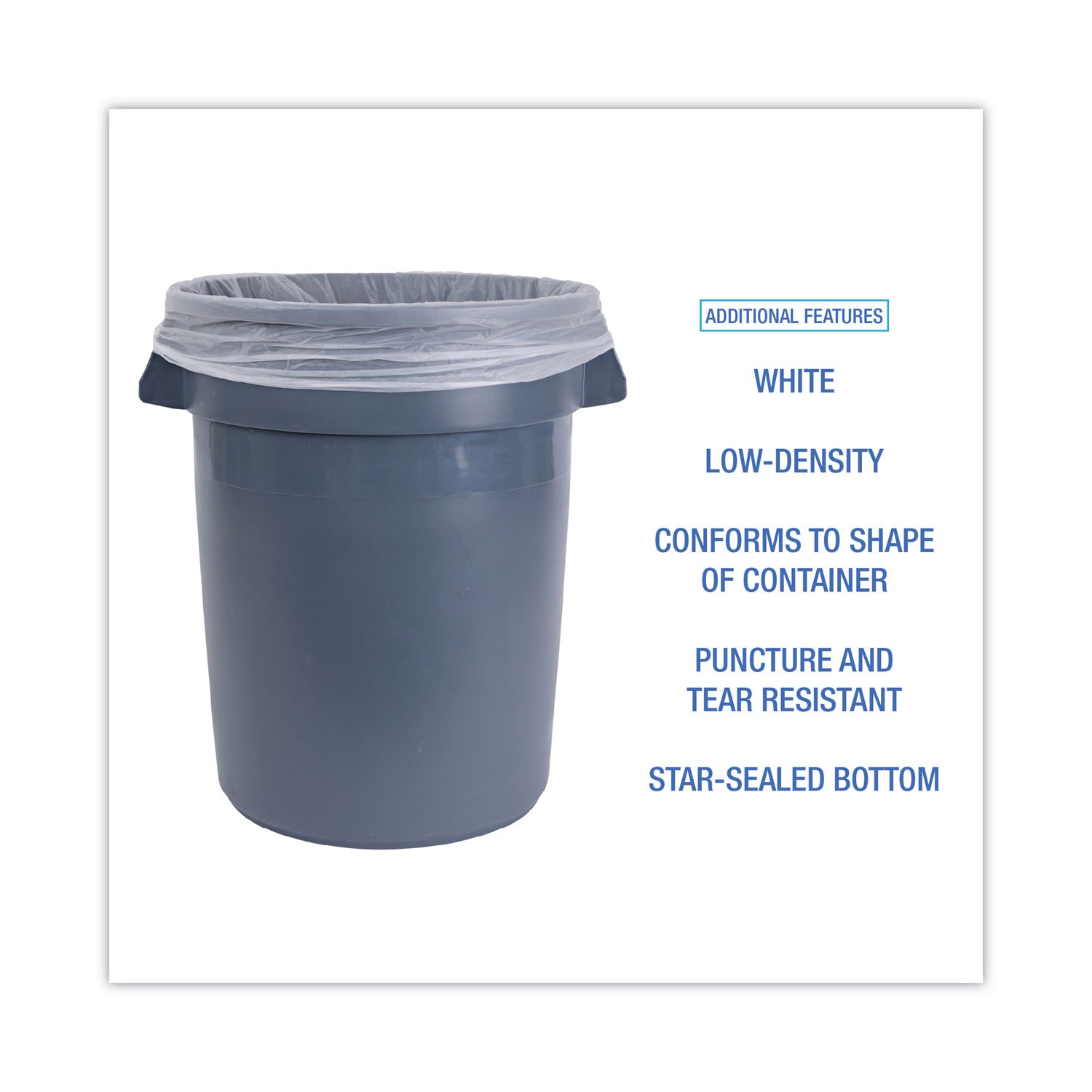 Low-Density Waste Can Liners, 30 gal, 0.5 mil, 30" x 36", White, Perforated Roll, 10 Bags/Roll, 20 Rolls/Carton