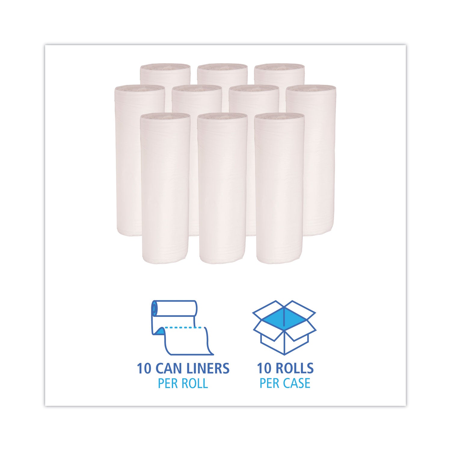 Low-Density Waste Can Liners, 60 gal, 0.5 mil, 38" x 58", White, Perforated Roll, 10 Bags/Roll, 10 Rolls/Carton