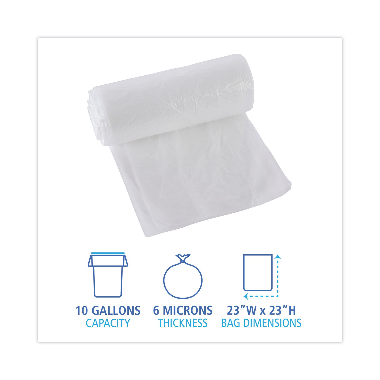 High-Density Can Liners, 10 gal, 6 mic, 24" x 23", Natural, Perforated Roll, 50 Bags/Roll, 20 Rolls/Carton