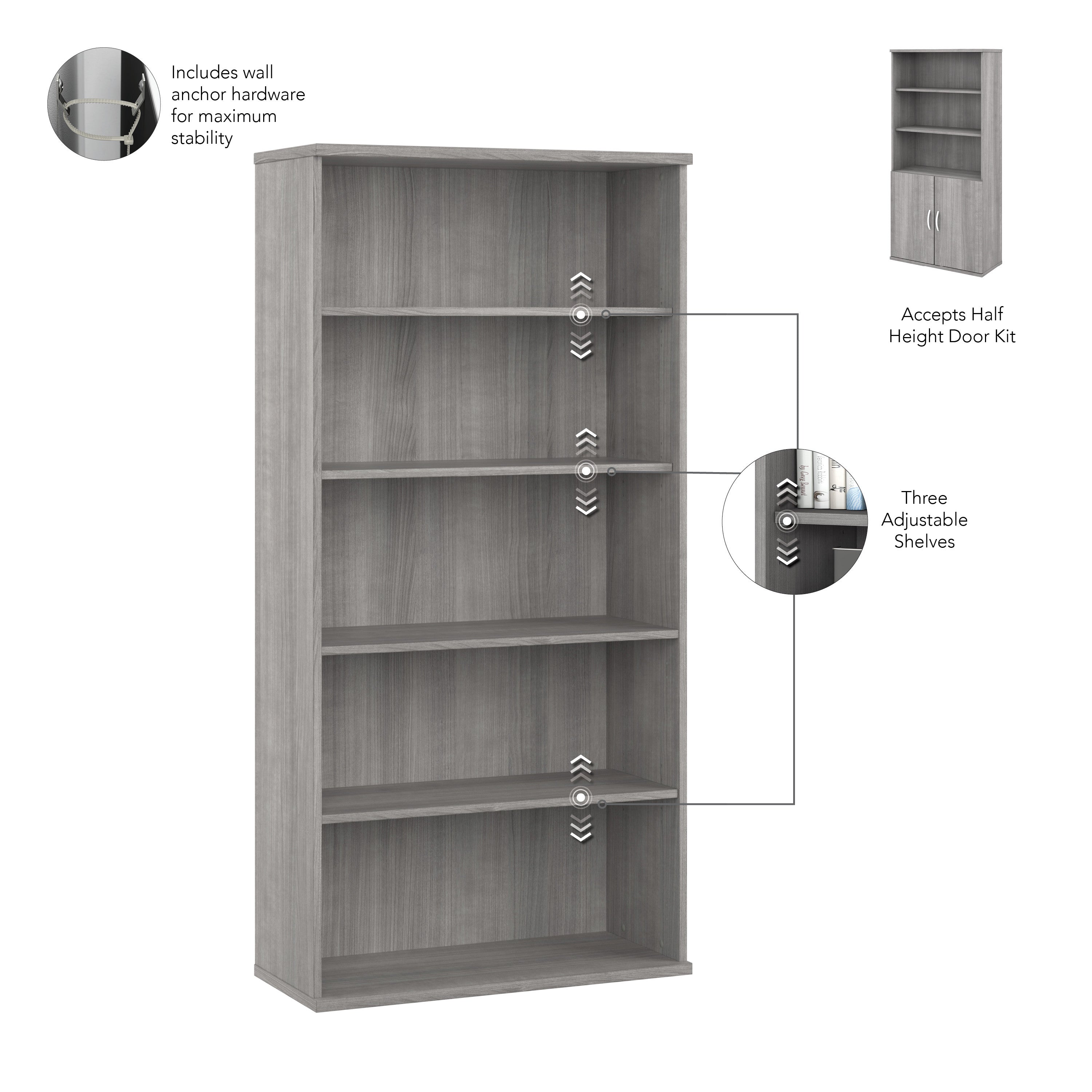 Bush Business Furniture Studio C 5 Shelf Bookcase in Platinum Gray - 35.71" Width x 15.43" Depth x 72.8" Height