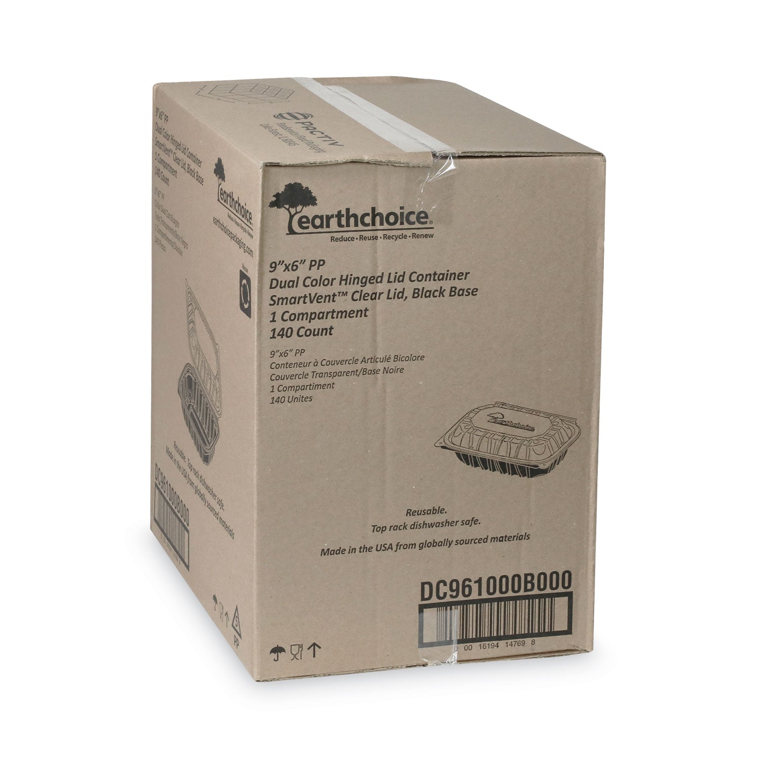 EarthChoice Vented Dual Color Microwavable Hinged Lid Container, 34 oz, 9 x 6 x 3, Black/Clear, Plastic, 140/Carton