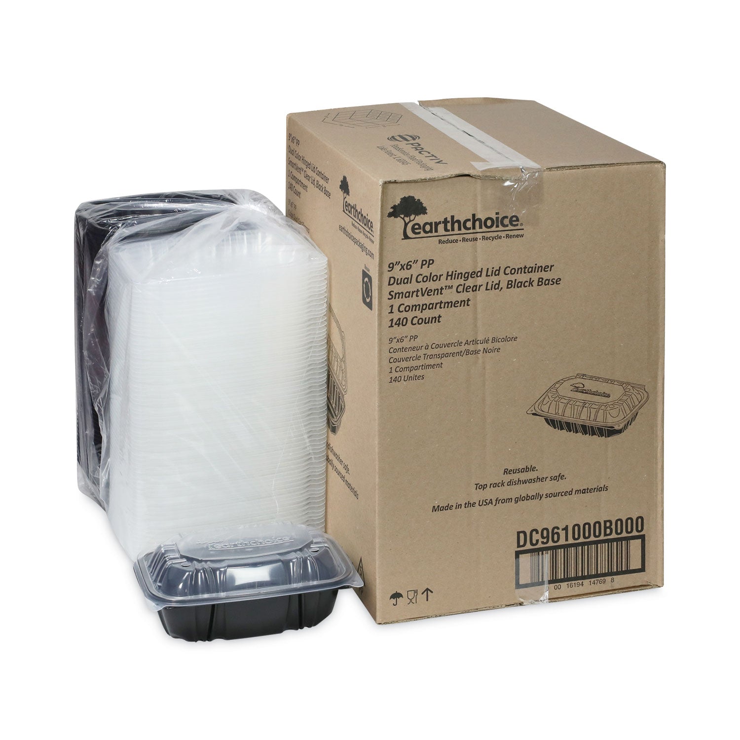 EarthChoice Vented Dual Color Microwavable Hinged Lid Container, 34 oz, 9 x 6 x 3, Black/Clear, Plastic, 140/Carton