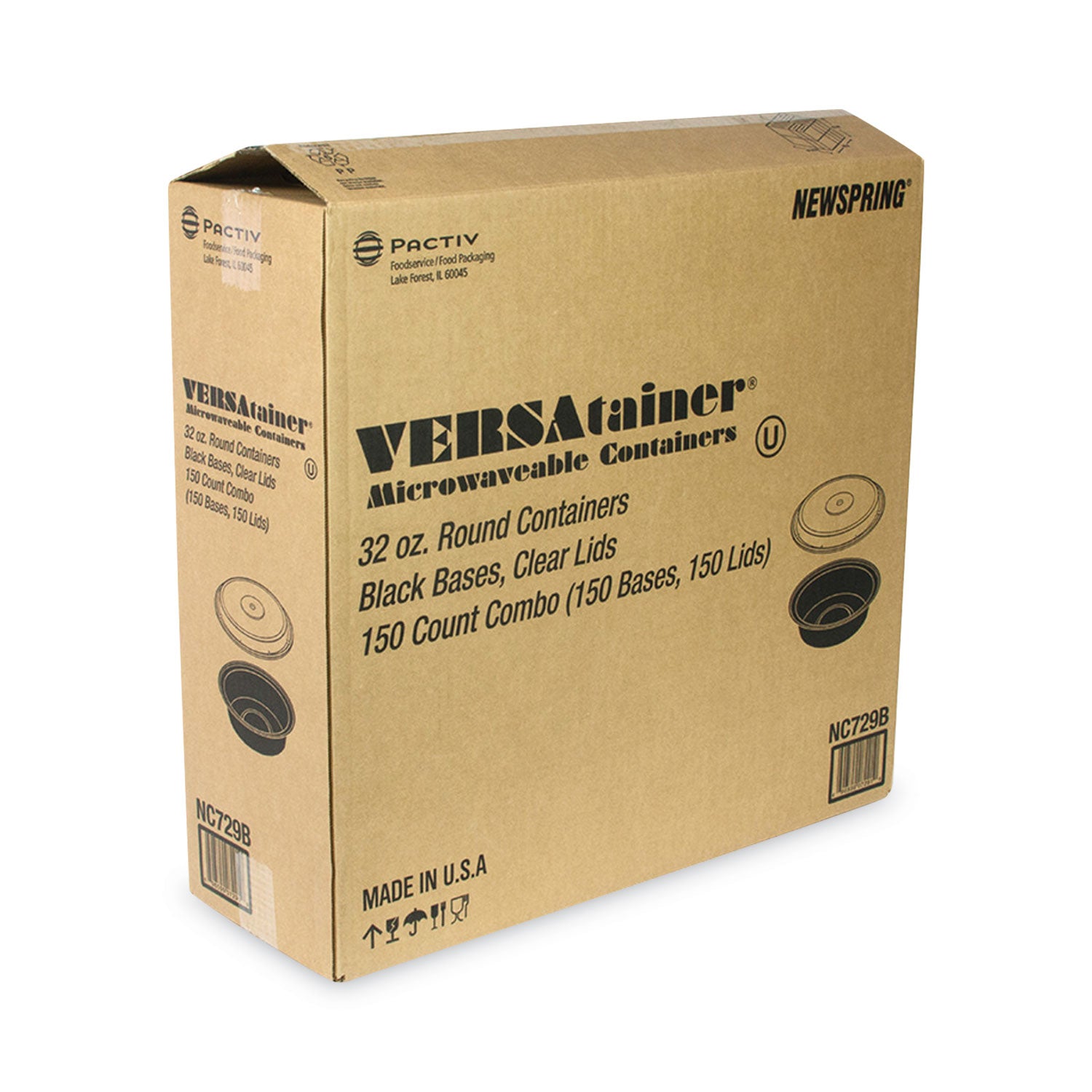 Newspring VERSAtainer Microwavable Containers, 32 oz, 7" Diameter x 2" h, Black/Clear, Plastic, 150/Carton