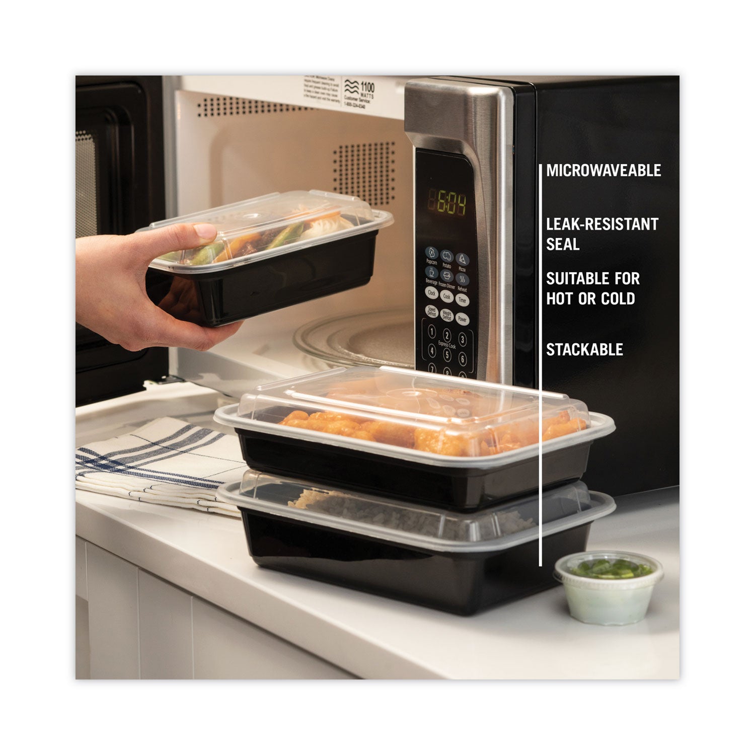 Newspring VERSAtainer Microwavable Containers, 38 oz, 8.8 x 6 x 2.5, Black/Clear, Plastic, 150/Carton