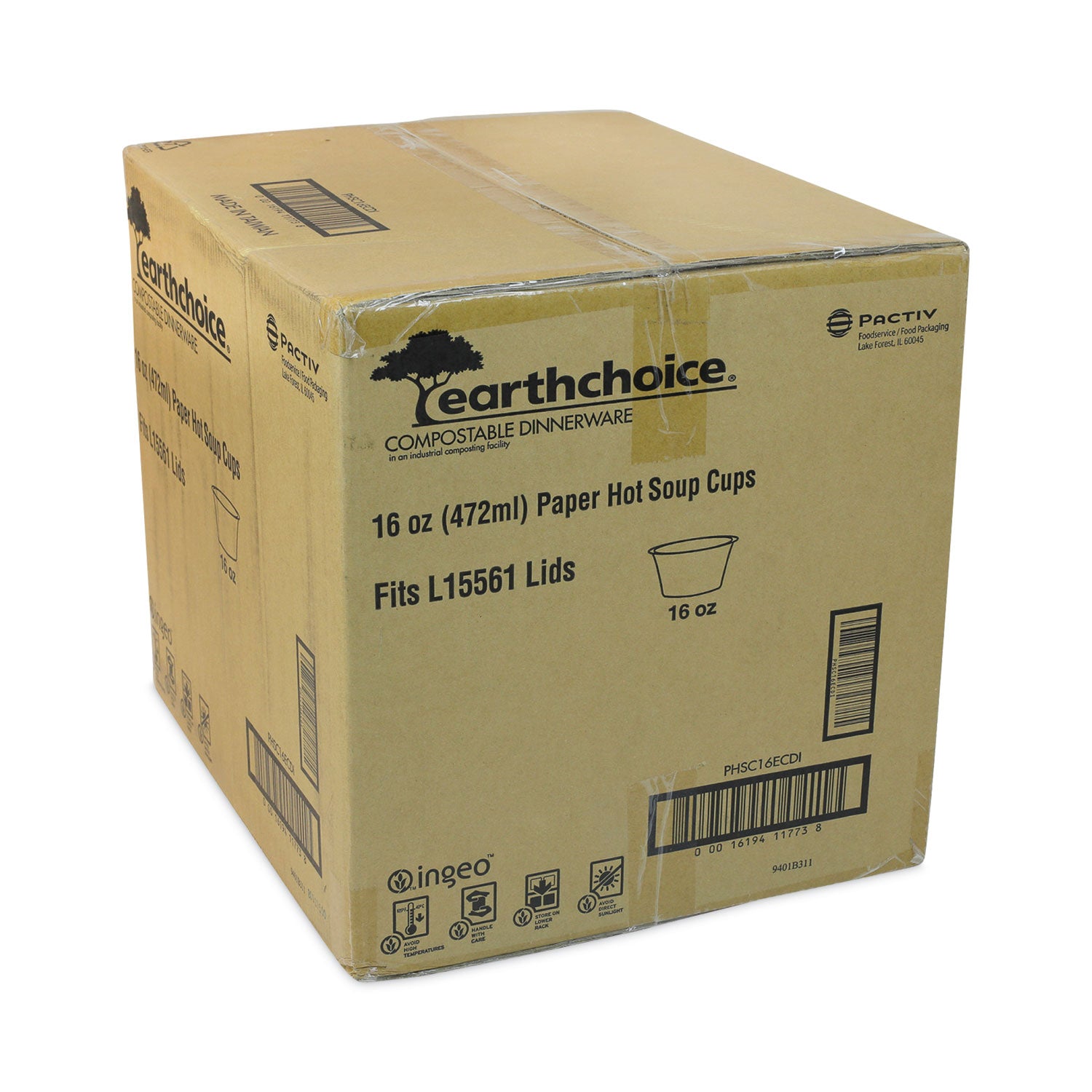 EarthChoice Compostable Soup Cup Large, 16 oz, 3.63" Diameter x 3.88" h, Green, Paper, 500/Carton