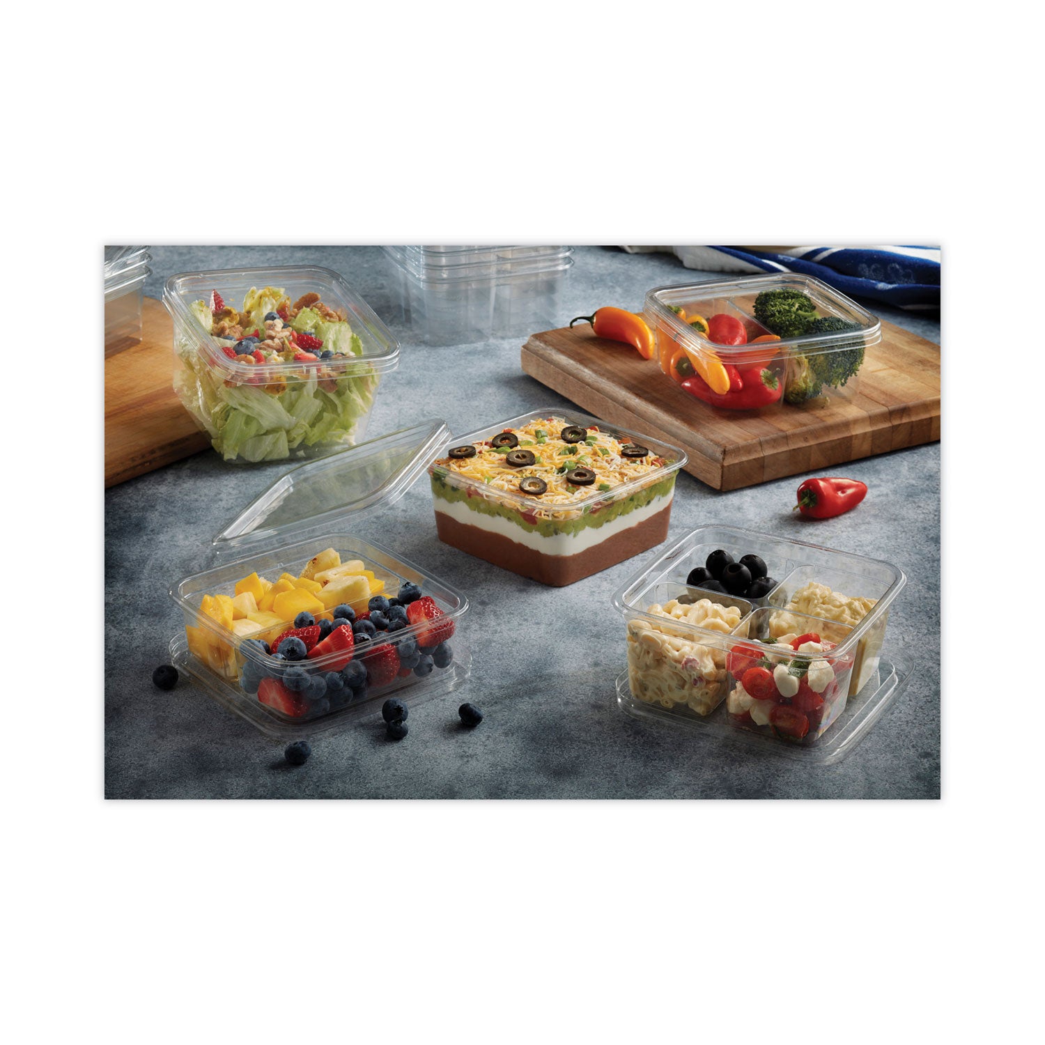 EarthChoice Square Recycled Bowl, 4 Compartments, 32 oz, 6.13 x 6.13 x 2.61, Clear, Plastic, 360/Carton