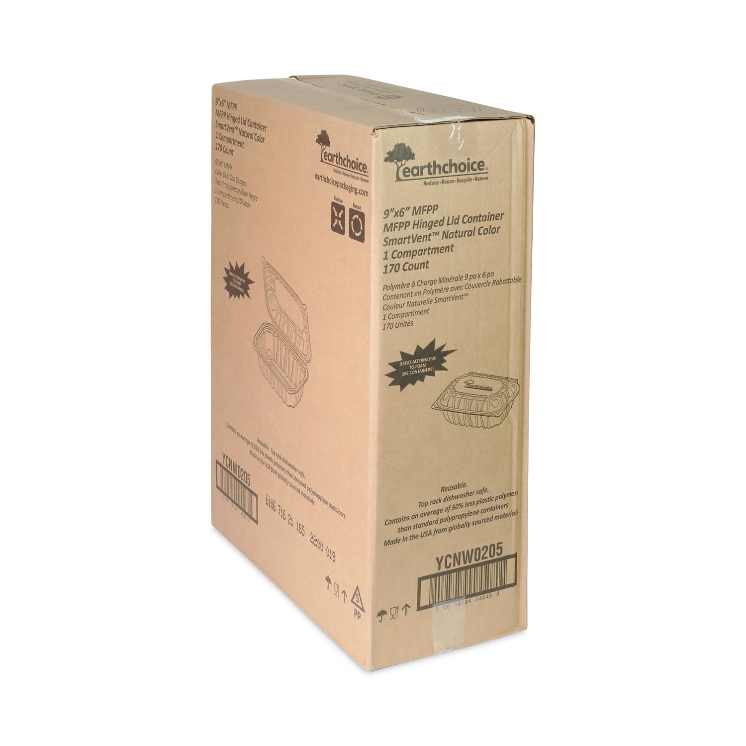 EarthChoice Vented Microwavable MFPP Hinged Lid Container, 9 x 6 x 3.1, White, Plastic, 170/Carton