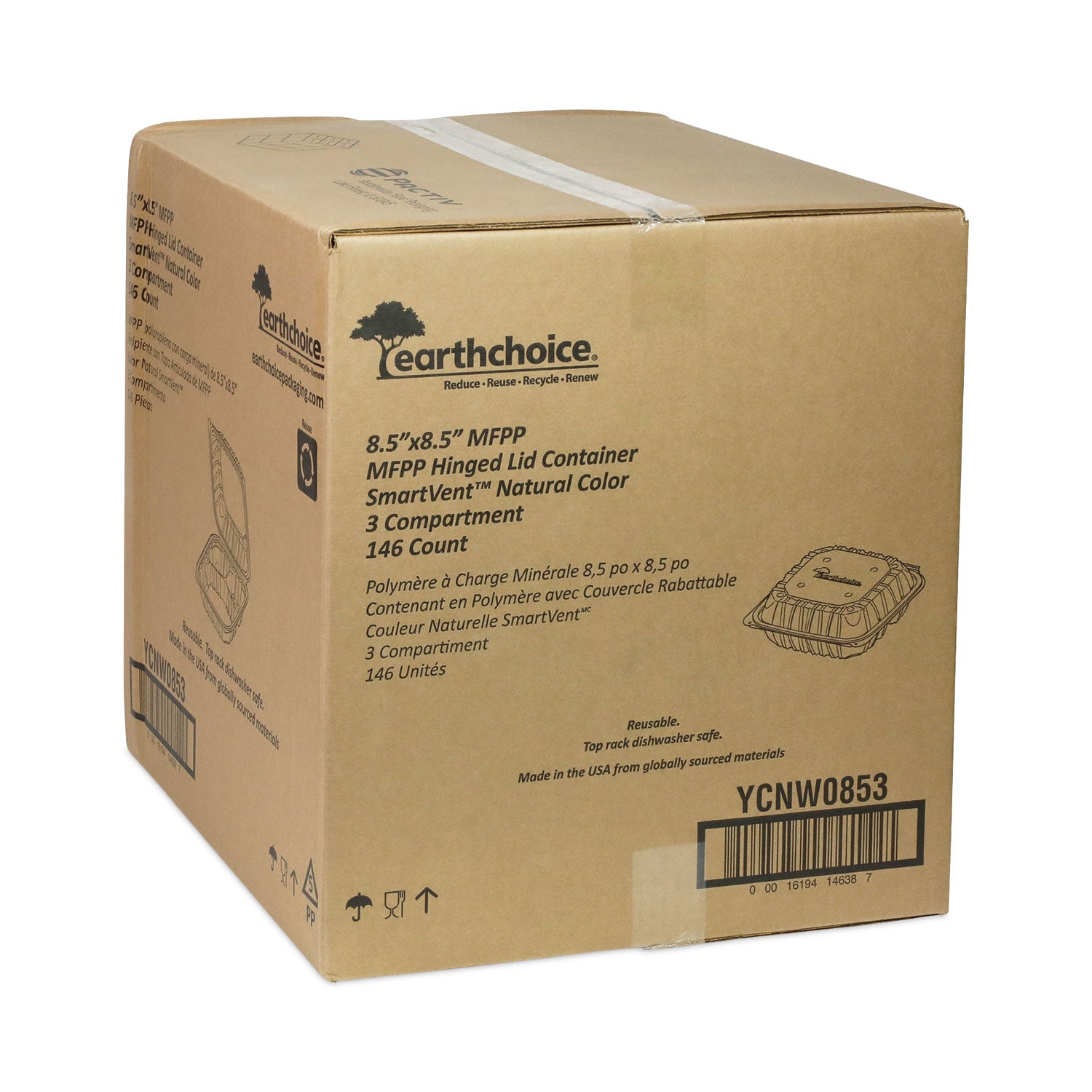 EarthChoice Vented Microwavable MFPP Hinged Lid Container, 3 Compartments, 8.5 x 8.5 x 3.1, White, Plastic, 146/Carton
