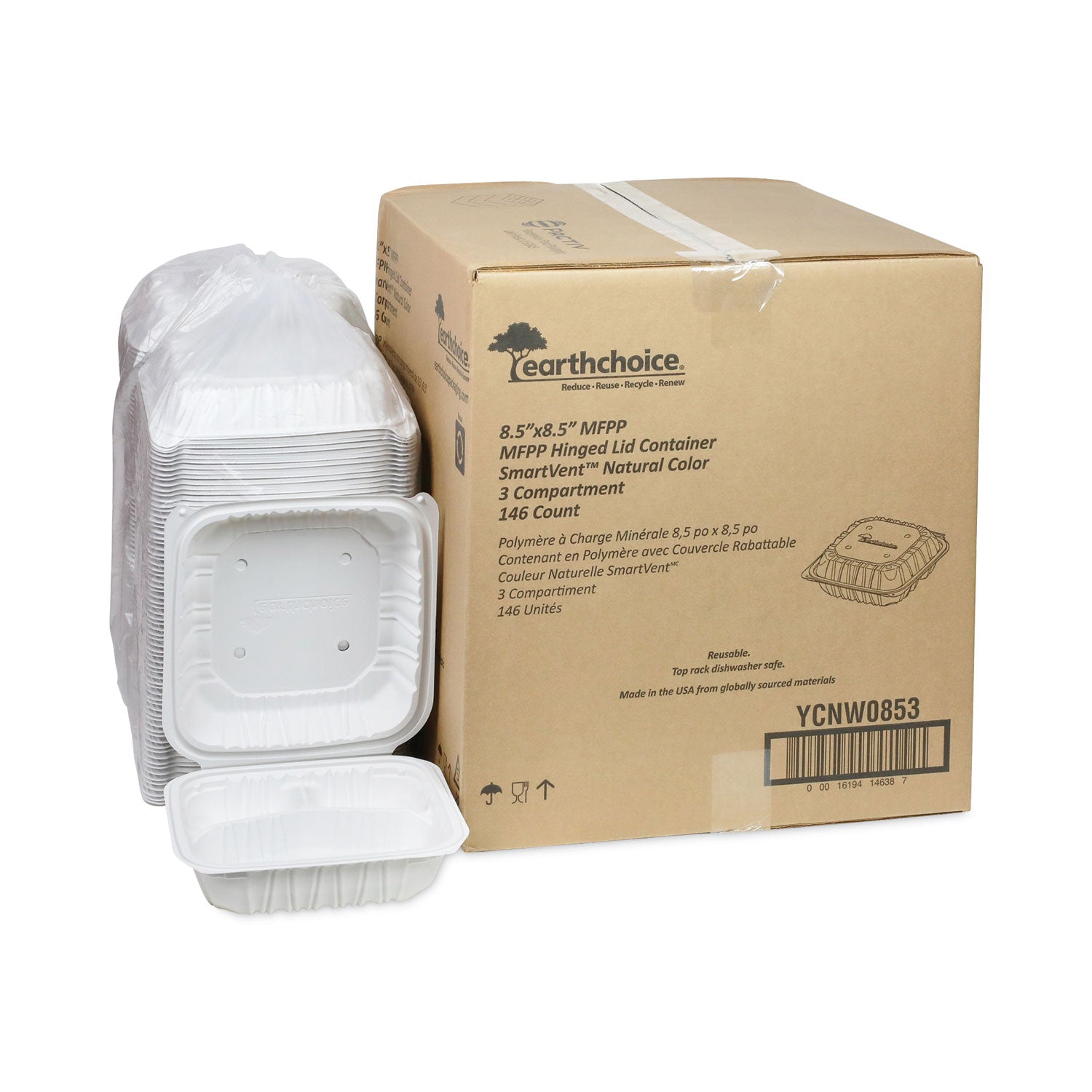 EarthChoice Vented Microwavable MFPP Hinged Lid Container, 3 Compartments, 8.5 x 8.5 x 3.1, White, Plastic, 146/Carton
