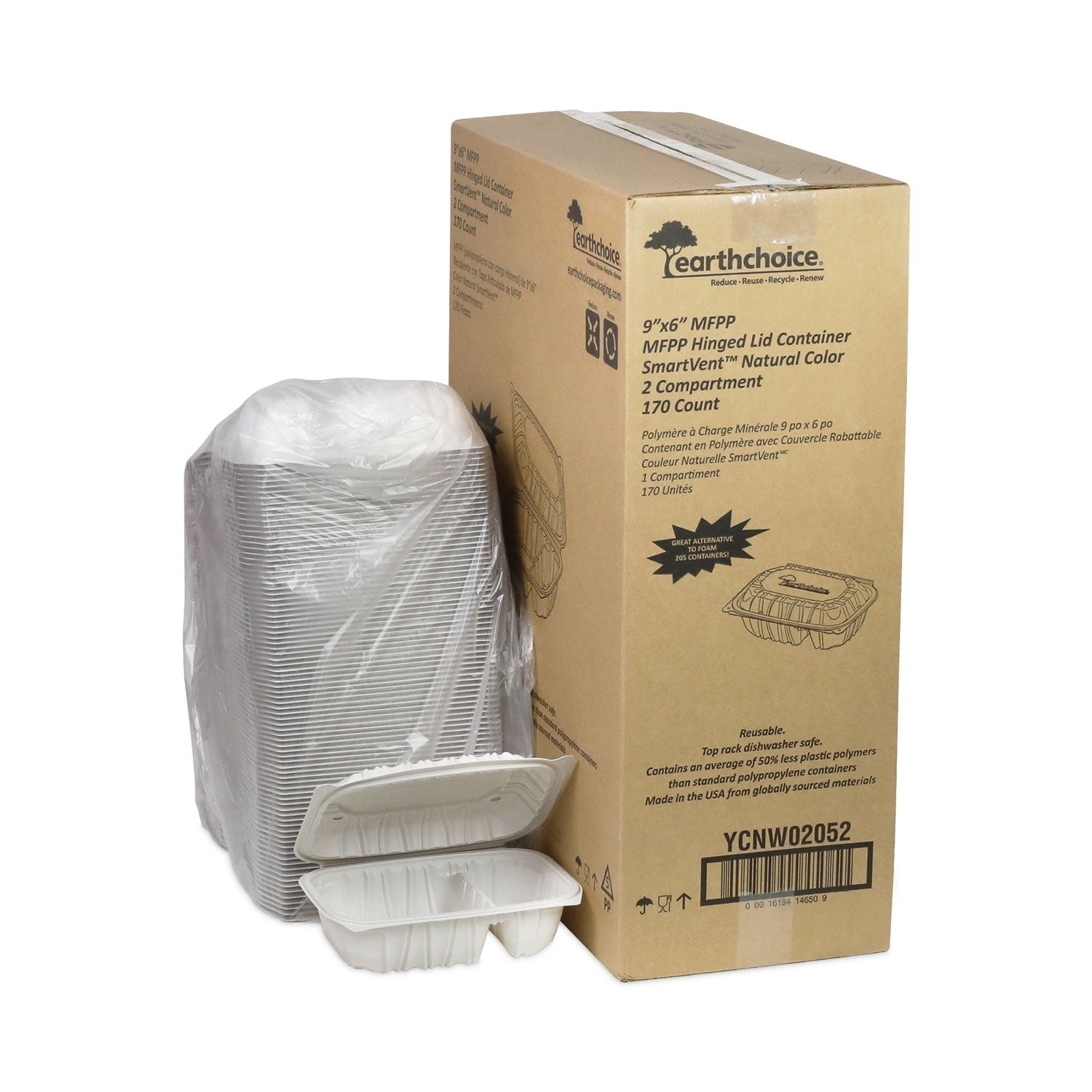 EarthChoice Vented Microwavable MFPP Hinged Lid Container, 2 Compartments, 9 x 6 x 3.1, White, Plastic, 170/Carton